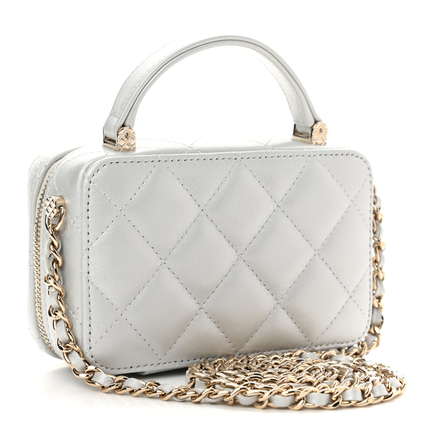 Chanel Metallic Lambskin Quilted Top Handle Vanity Case Silver 4 of 12