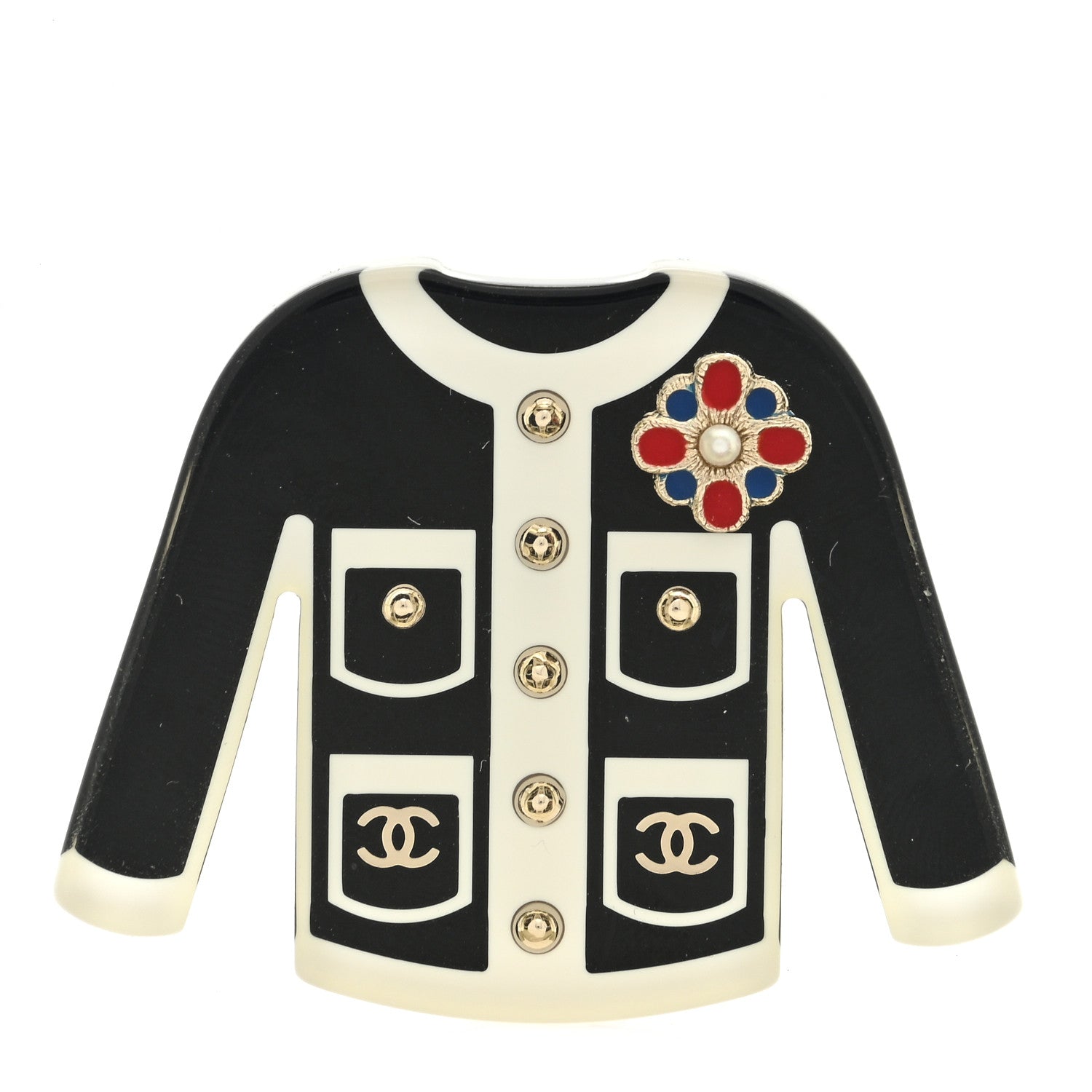 Chanel Resin Pearl Tweed Cardigan CC Brooch Black White 1 of 3