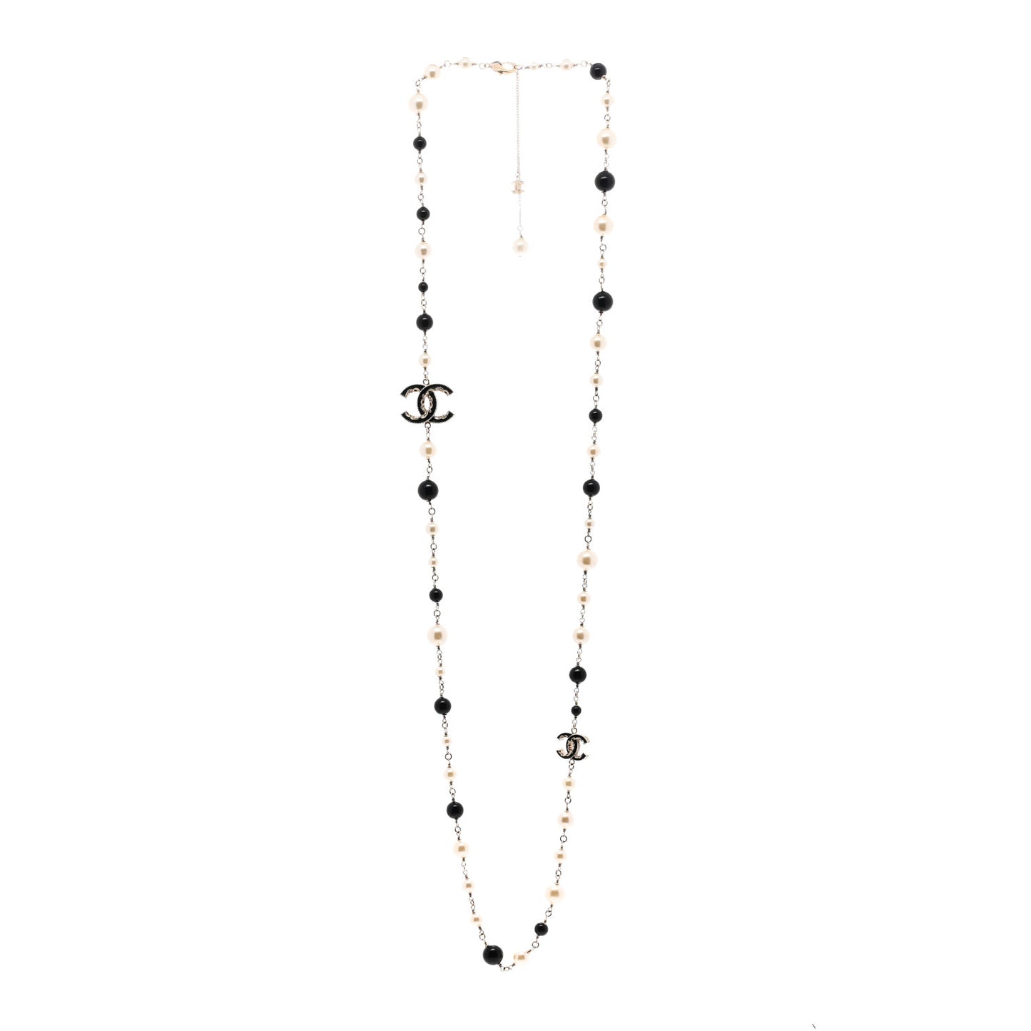 Pearl Beaded Crystal CC Long Necklace Gold Black White