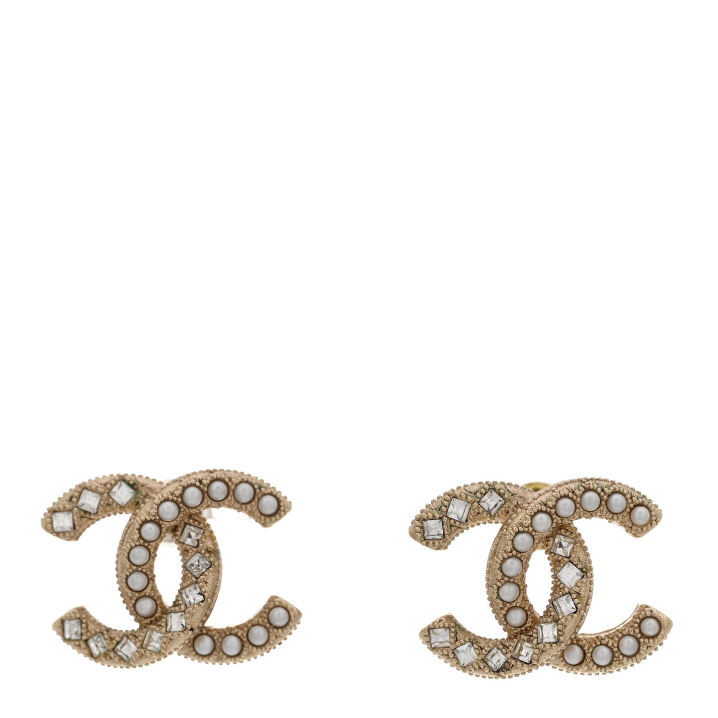Pearl Crystal CC Stud Earrings Gold