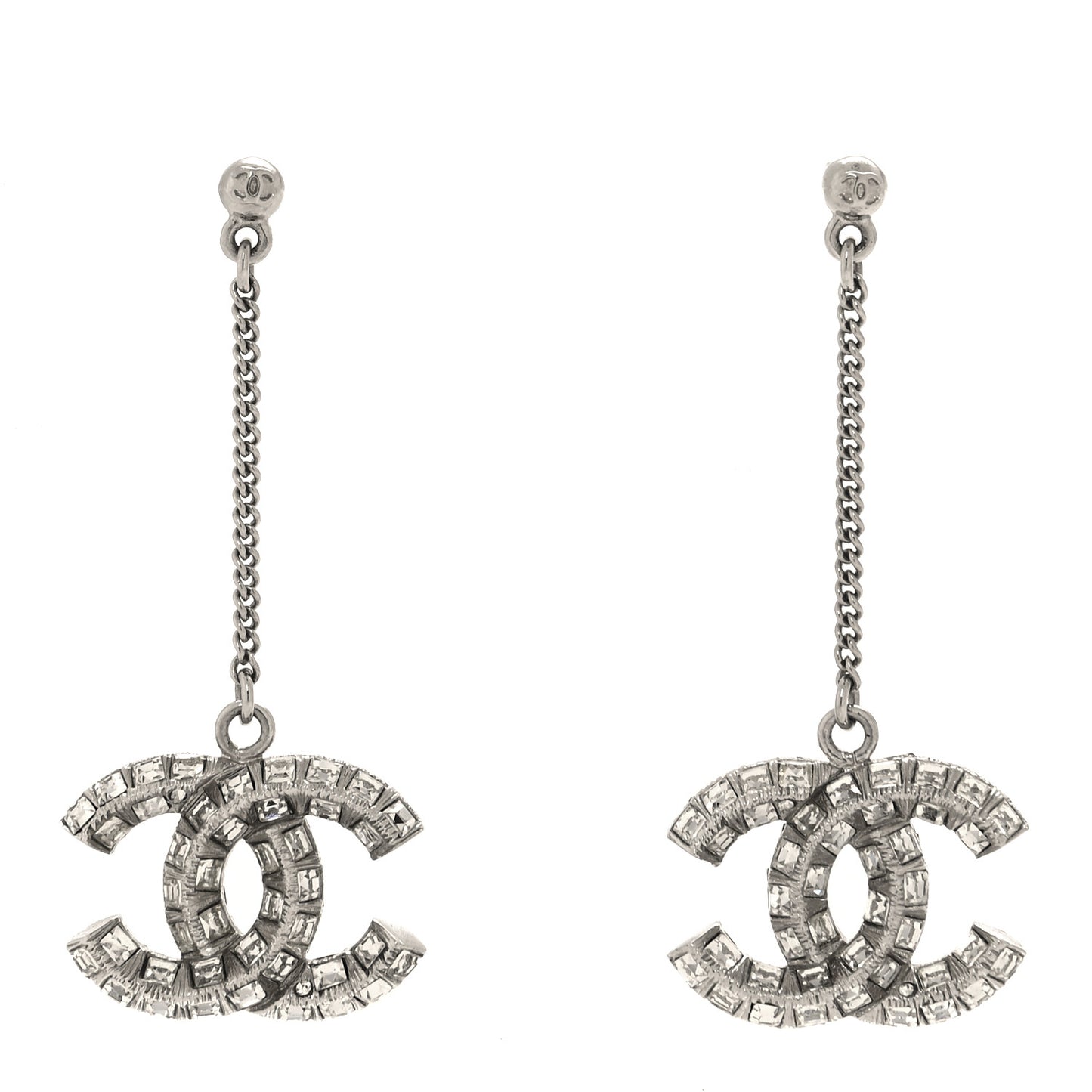 Baguette Crystal CC Drop Earrings Silver