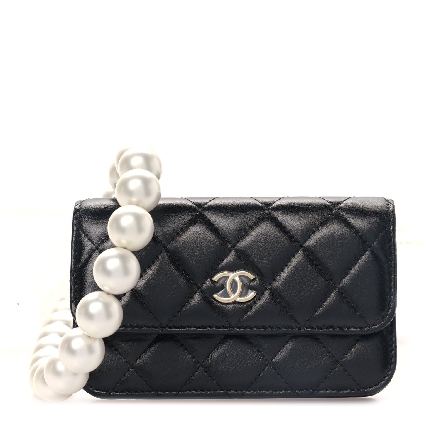 Calfskin Quilted Mini Maxi Pearls Wallet On Chain WOC Black