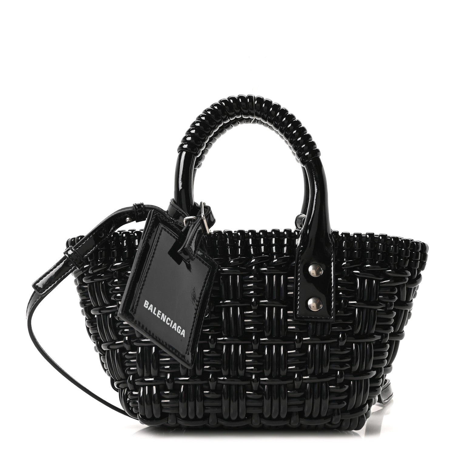 Balenciaga Faux Calfskin Braided Varnished XXS Bistro Basket Black