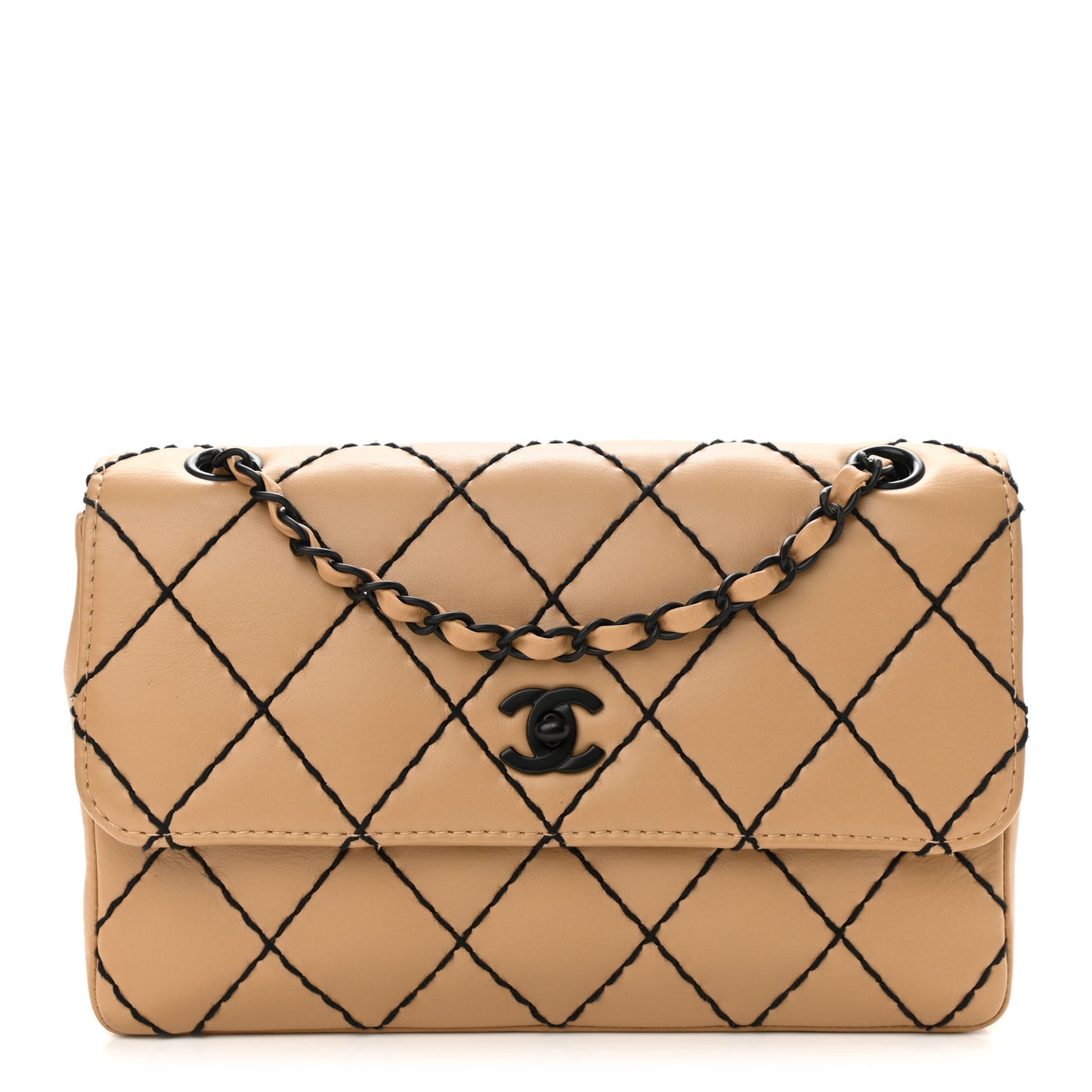 Calfskin Quilted Medium Wild Stitch Flap Beige