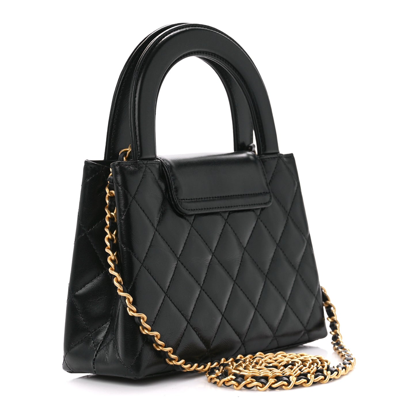 Shiny Aged Calfskin Quilted Nano Kelly Shopper Black