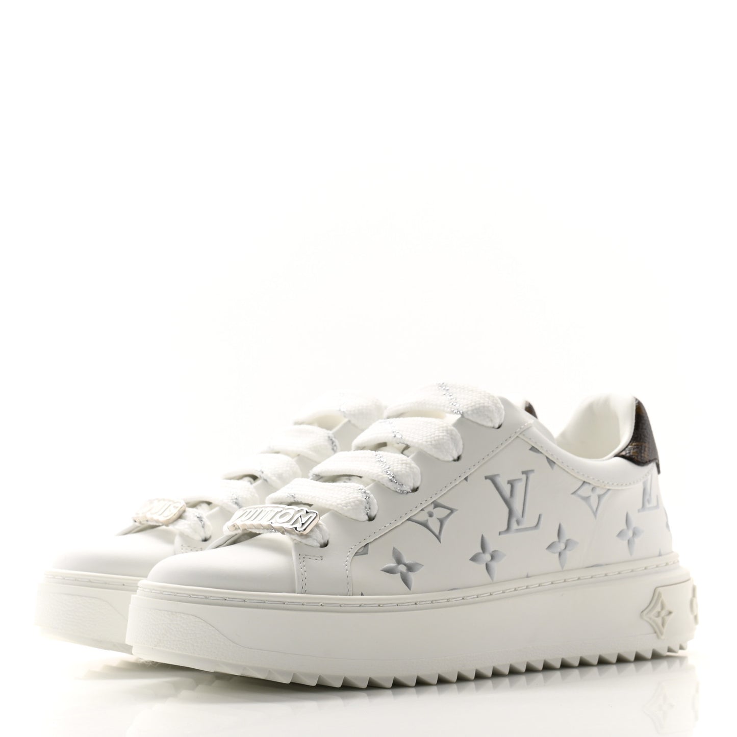 Calfskin Monogram Debossed Time Out Sneakers 35.5 White Silver