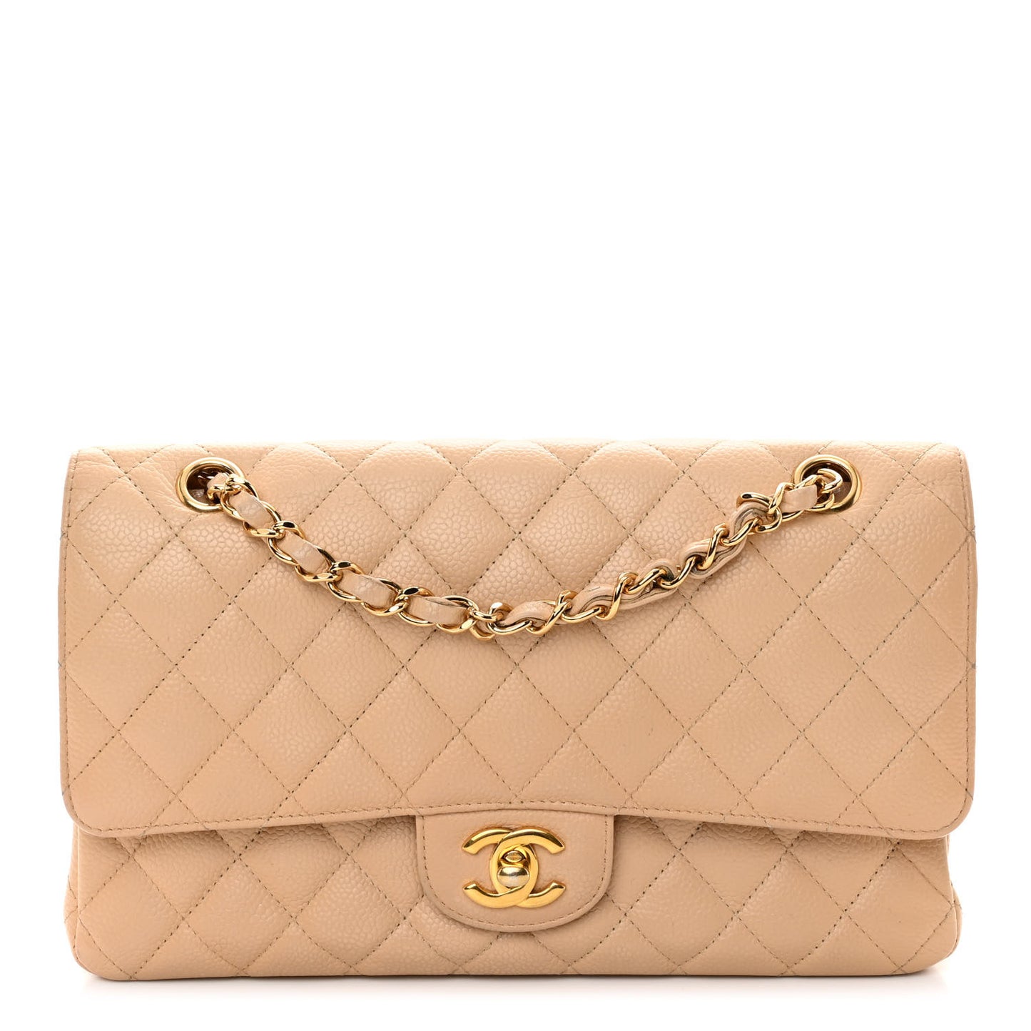 Caviar Quilted Medium Double Flap Beige
