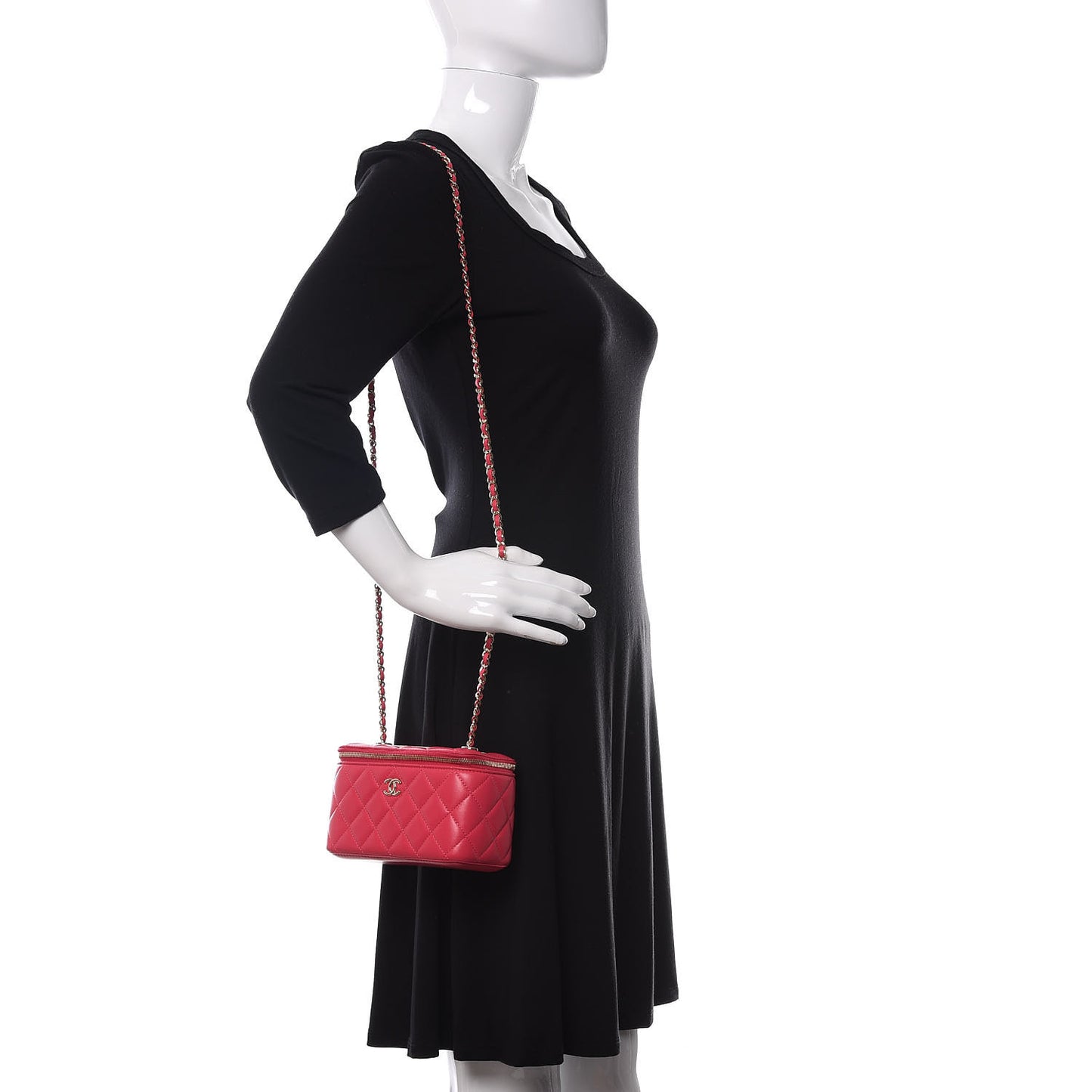 Lambskin Quilted Trendy Small Vanity Case With Chain Dark Pink