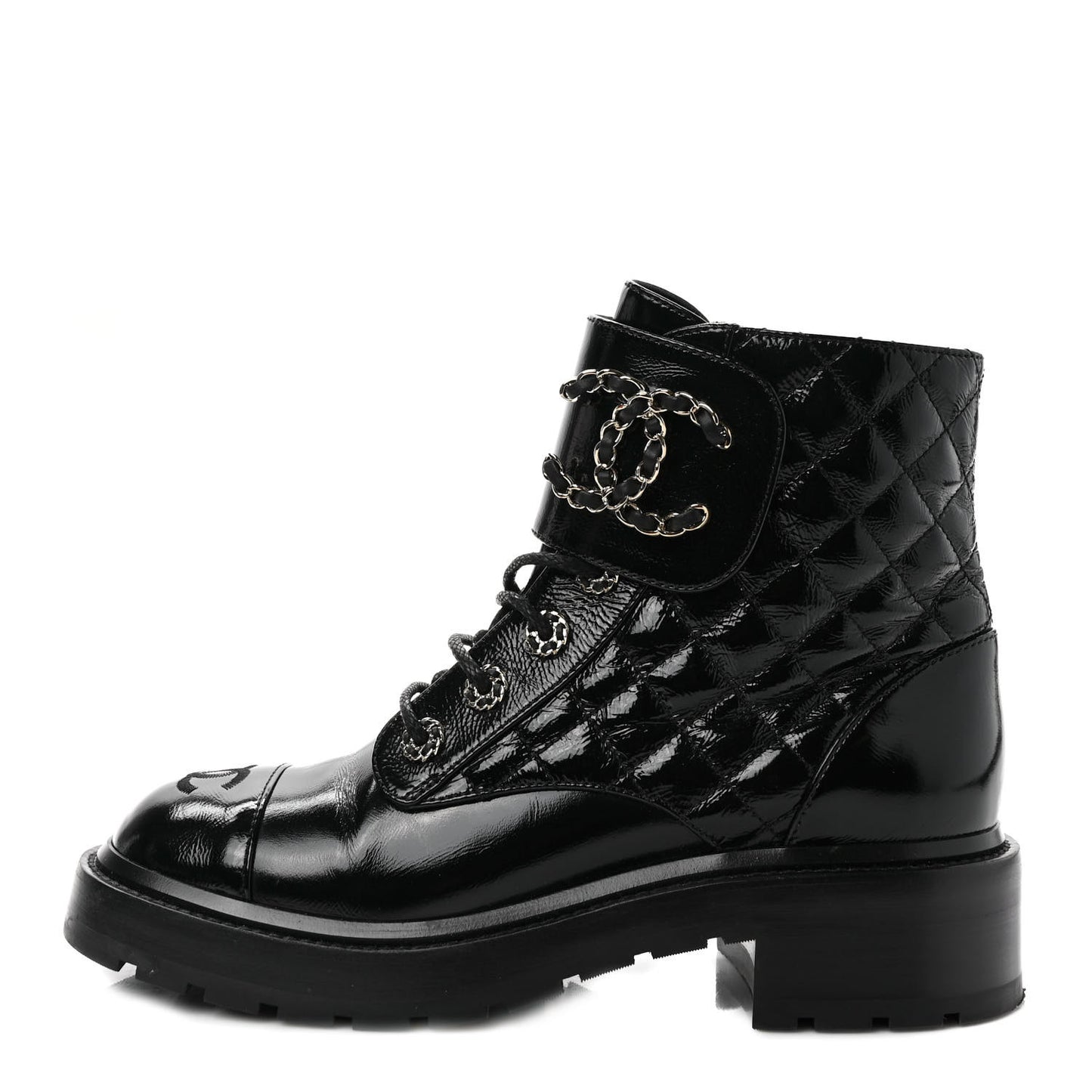 Shiny Calfskin Quilted Lace Up Combat Boots 37.5 Black