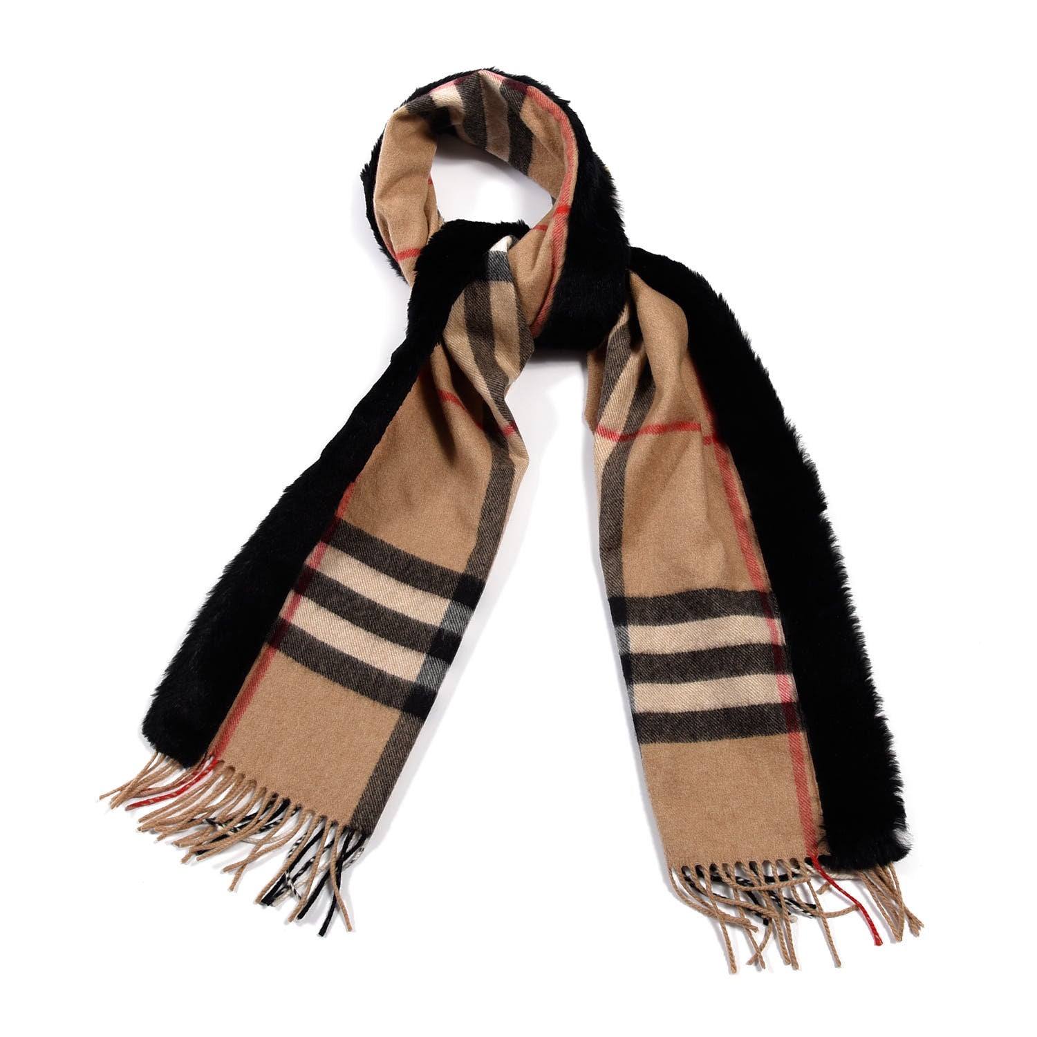 Burberry Cashmere Fox Fur Half Mega Check Scarf Camel Black 1 of 3