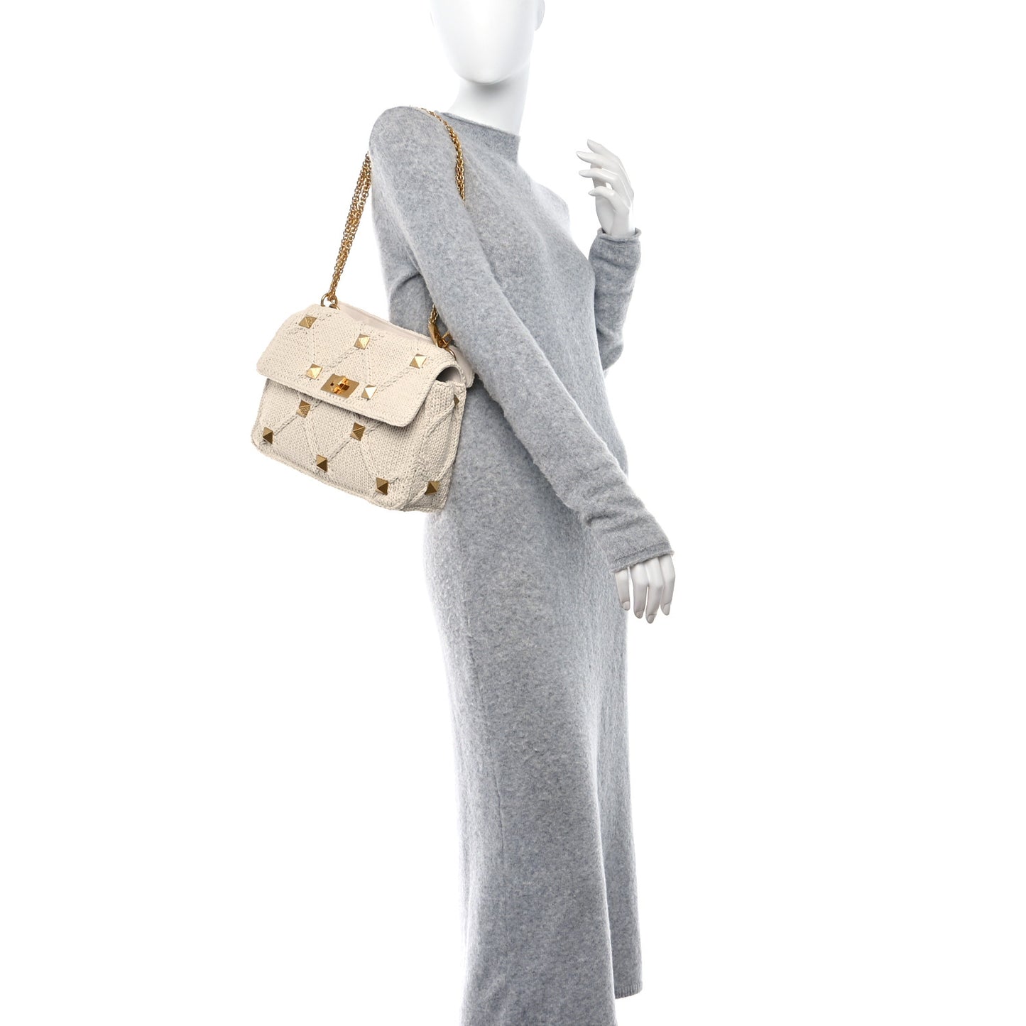 Knit Large Roman Stud Shoulder Bag Ecru