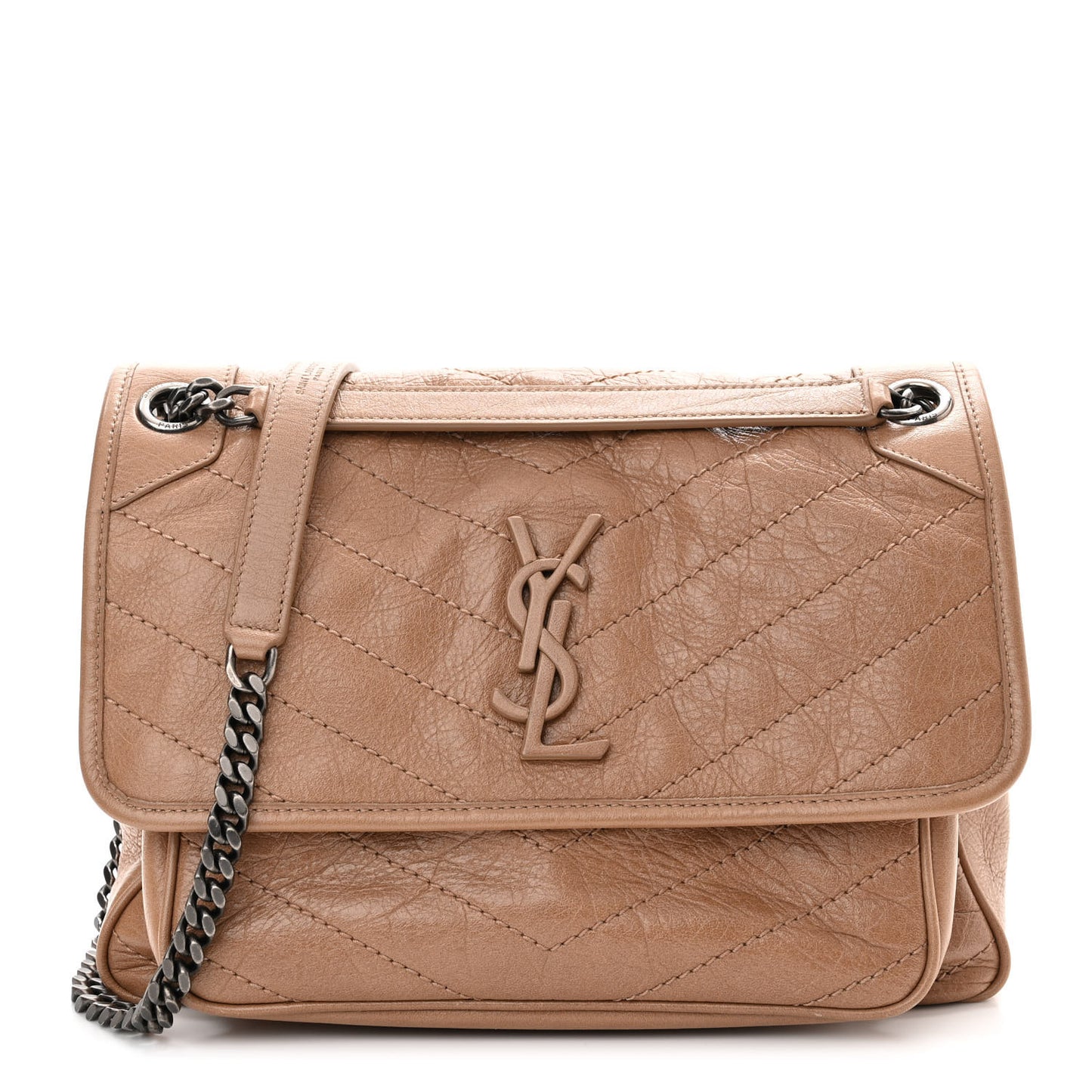 Crinkled Calfskin Matelasse Monogram Medium Niki Chain Satchel Dark Toffee