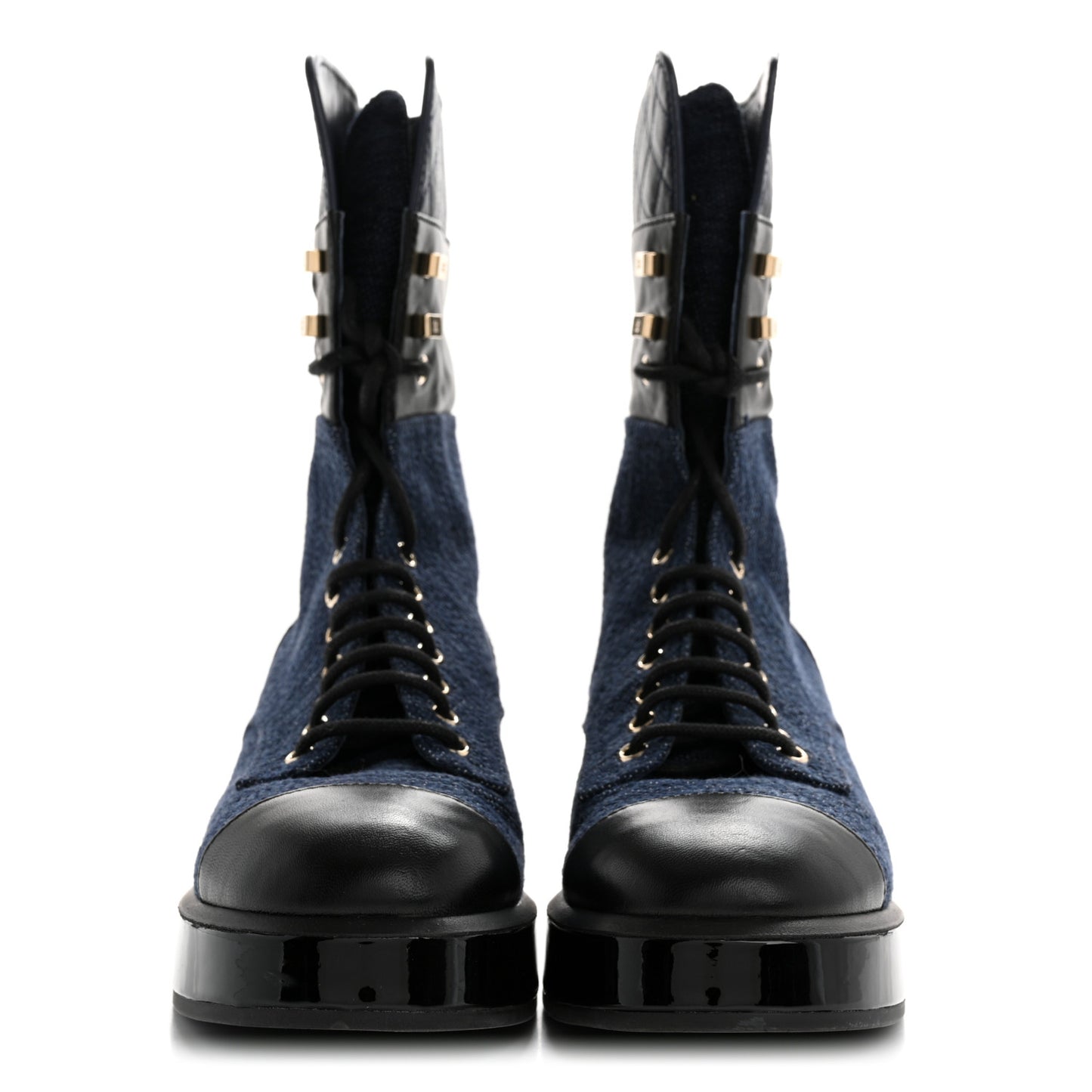 Denim Patent Lambskin Quilted CC Lace Up Combat Boots 38 Blue Black