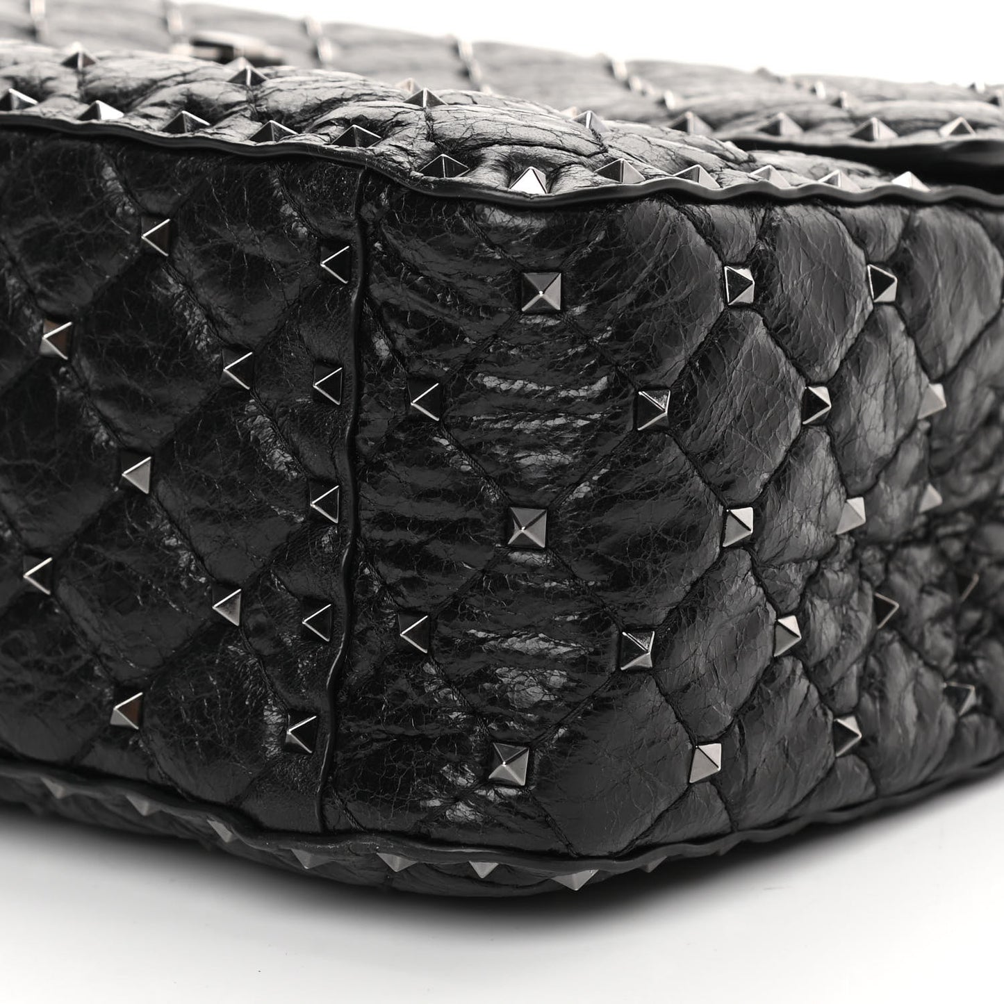 Craquele Nappa Large Rockstud Spike Shoulder Bag Black