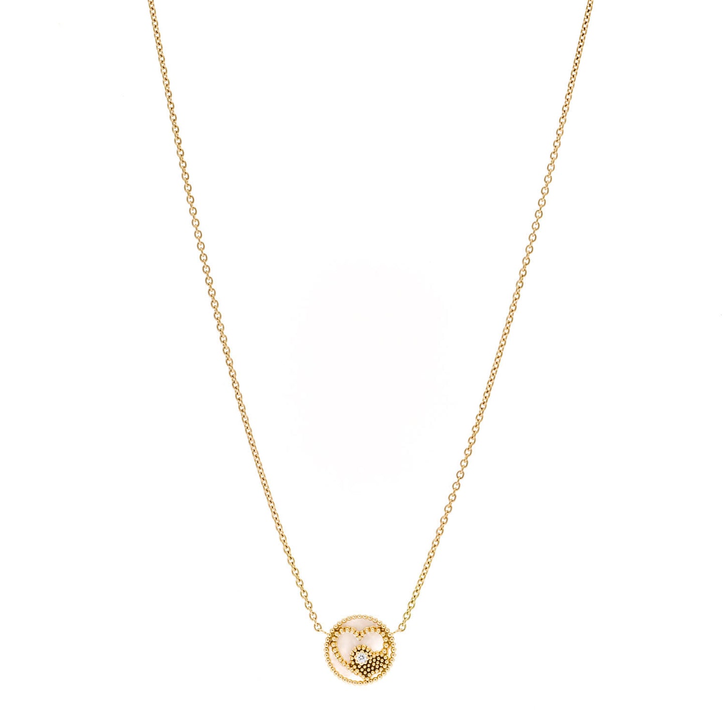 18K Yellow Gold Diamond Mother of Pearl Rose Des Vents Heart Necklace