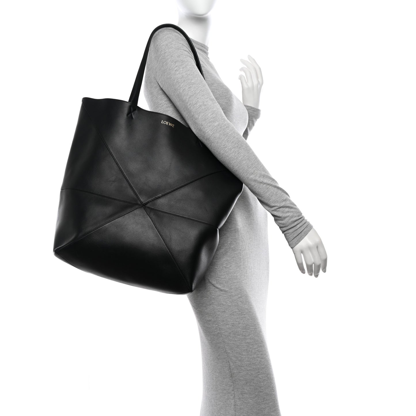 Shiny Calfskin Large Puzzle Fold Tote Black