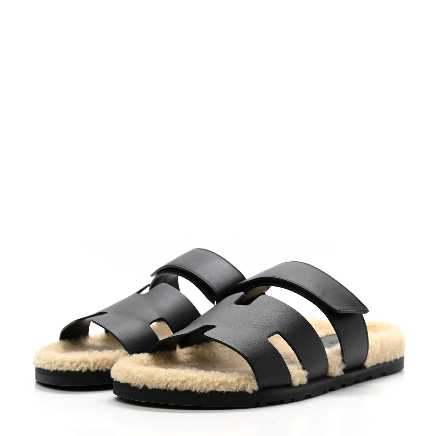 Hermes Veau Indios Woolskin Mens Chypre Sandals 42 Black Ecru 3 of 11