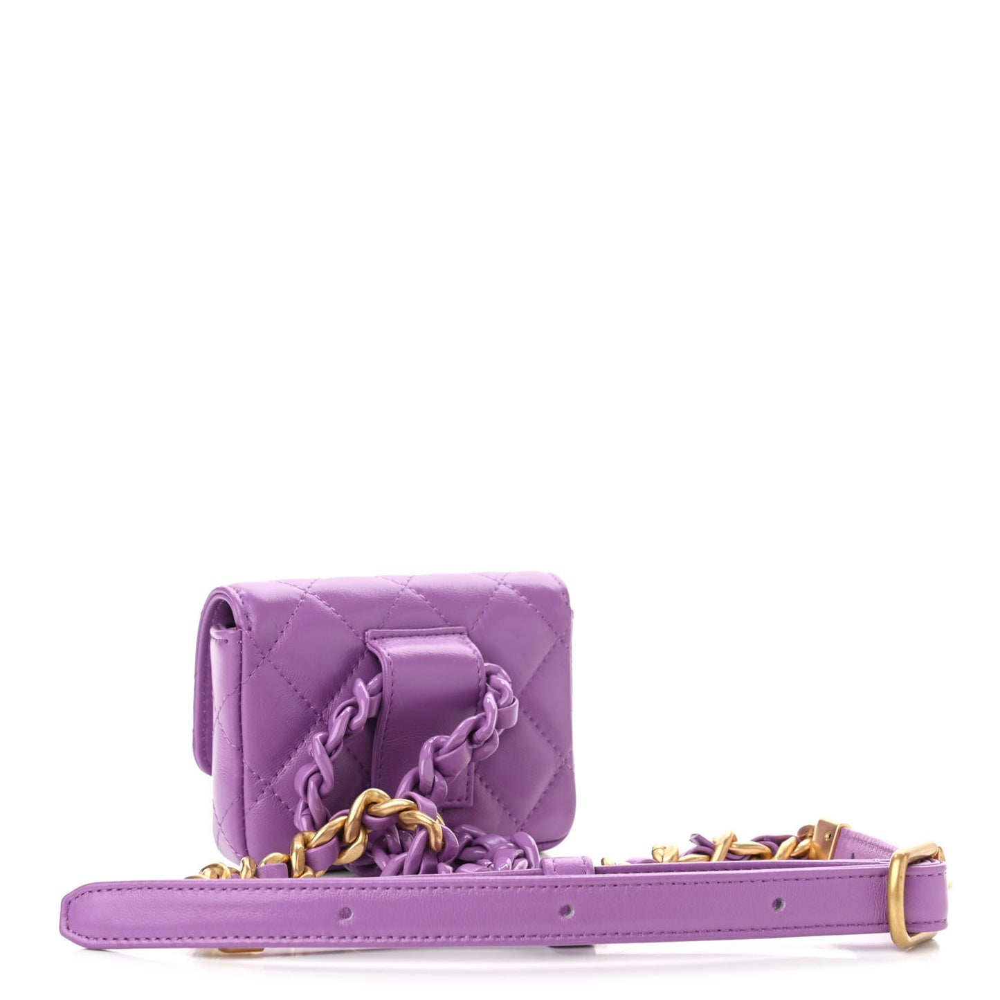 Lambskin Lacquered Metal Quilted Flap Chain Belt Bag Purple