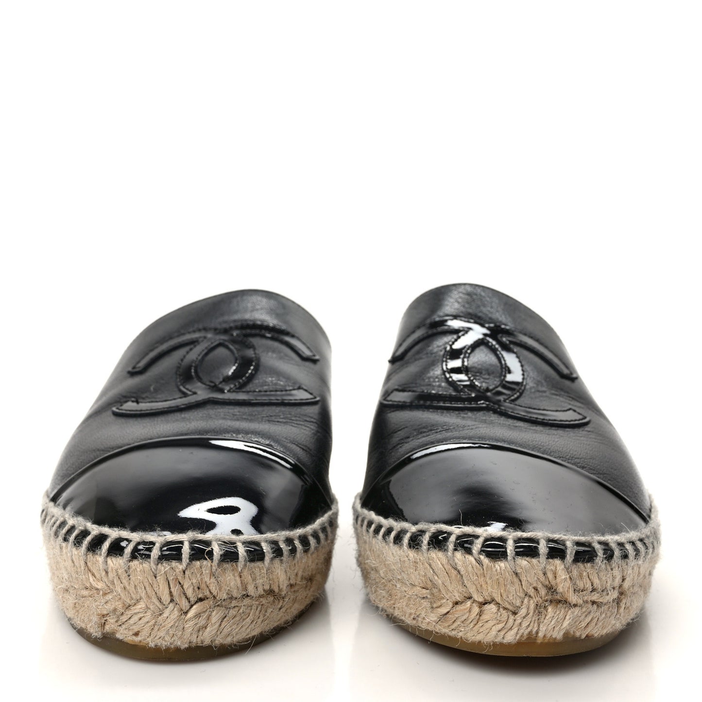 Iridescent Goatskin Patent CC Espadrille Mules 39 Black