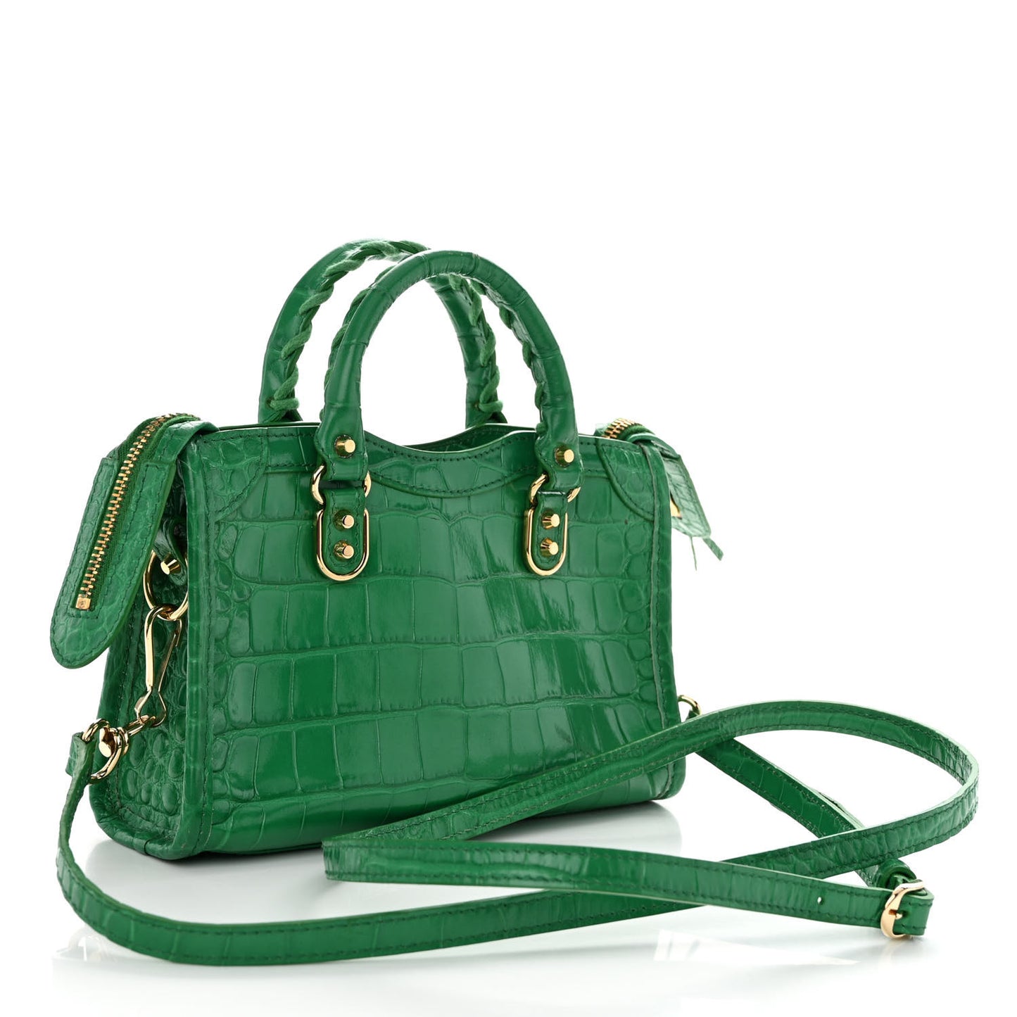 Shiny Supple Calfskin Crocodile Embossed Gold Metallic Edge Hardware Nano City Leaf Green