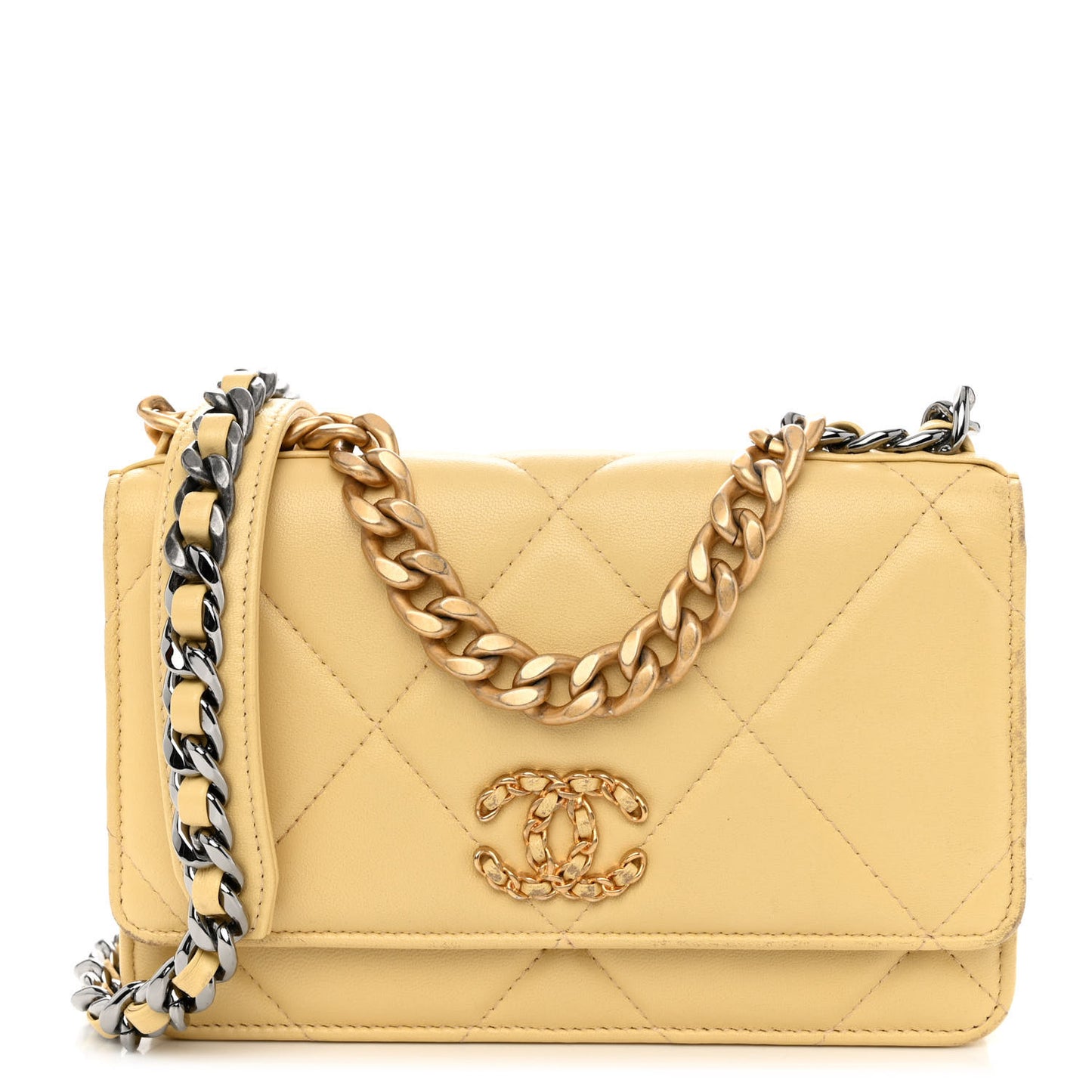 Lambskin Quilted Chanel 19 Wallet On Chain WOC Yellow