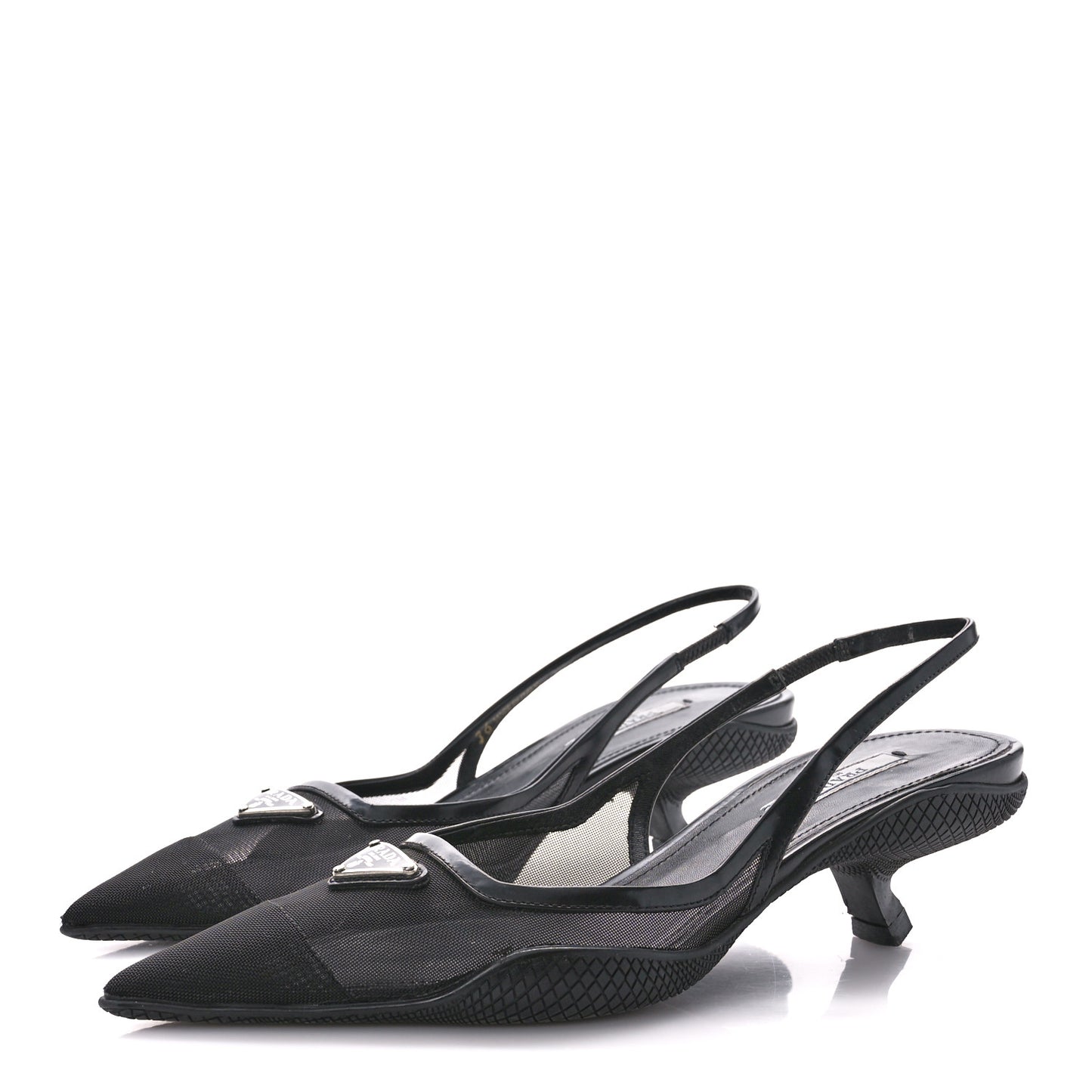 Mesh Nappa Triangle Logo Pointed Toe 45mm Slingback Pumps 36 Black