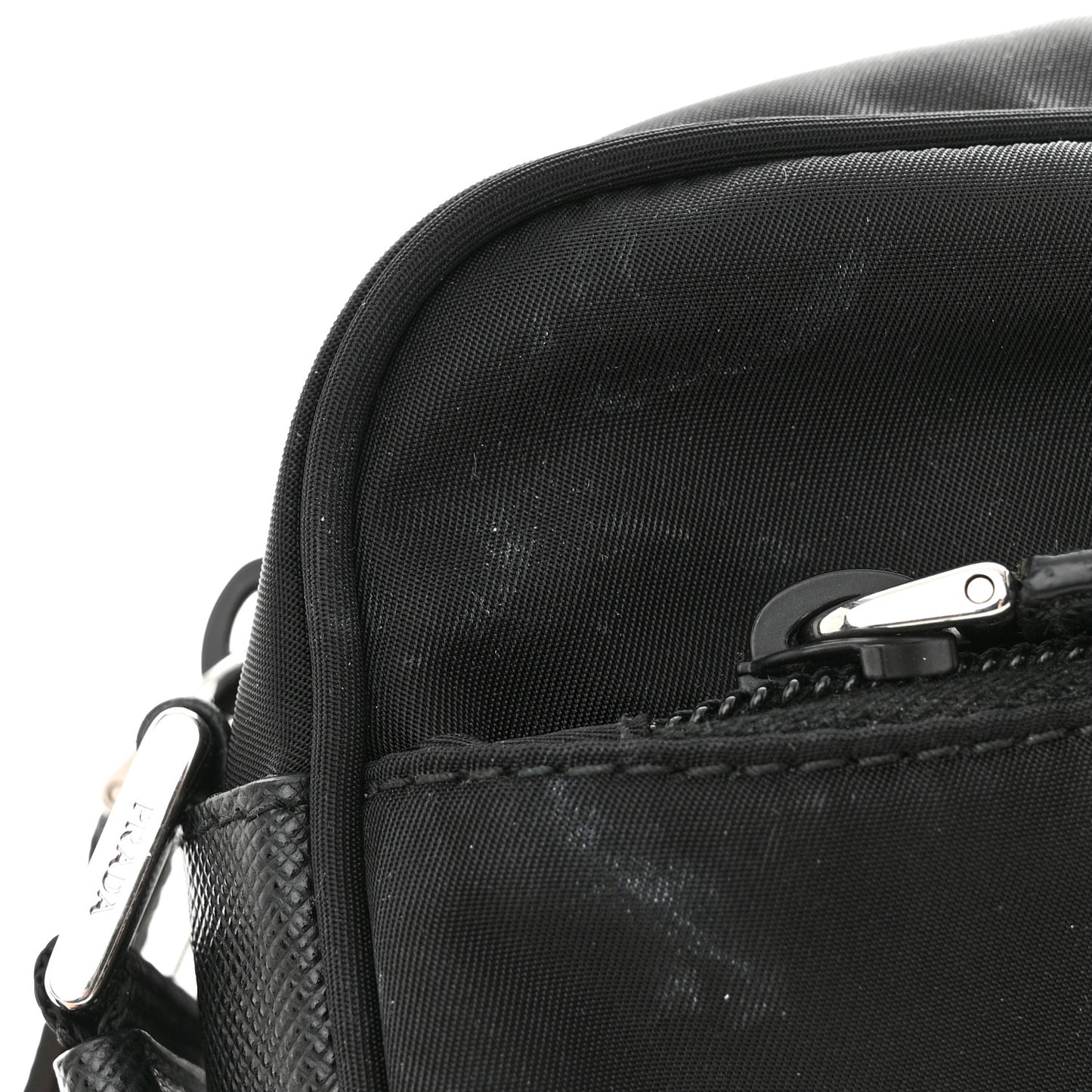 Re-Nylon Vela Saffiano Pocket Double Zip Shoulder Bag Black