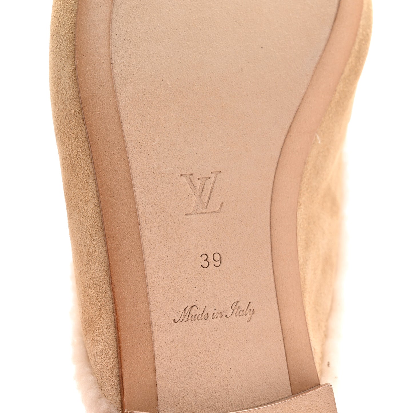 Shearling Suede LV Mare Open Back Loafer 39 Beige
