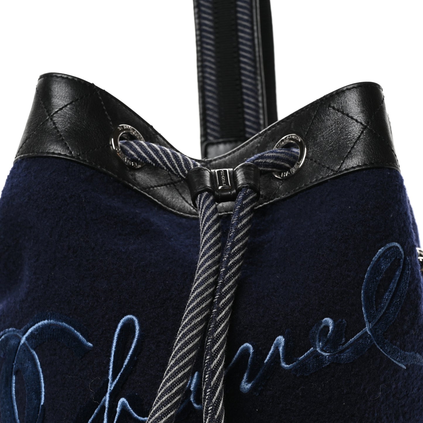 Wool Calfskin Embroidered Paris Hamburg Drawstring Backpack Navy Blue