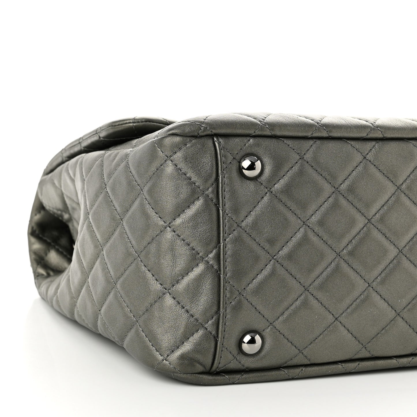 Metallic Calfskin Quilted XXL Travel Flap Bag Dark Silver