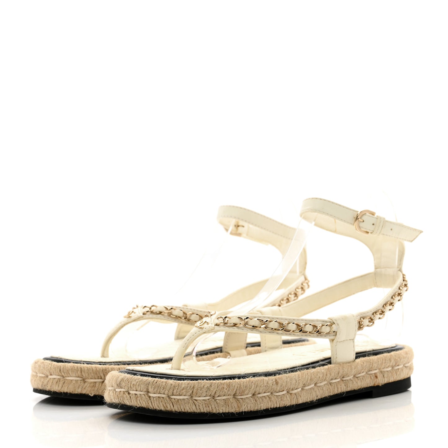 Lambskin Chain CC Thong Espadrille Sandals 36 White