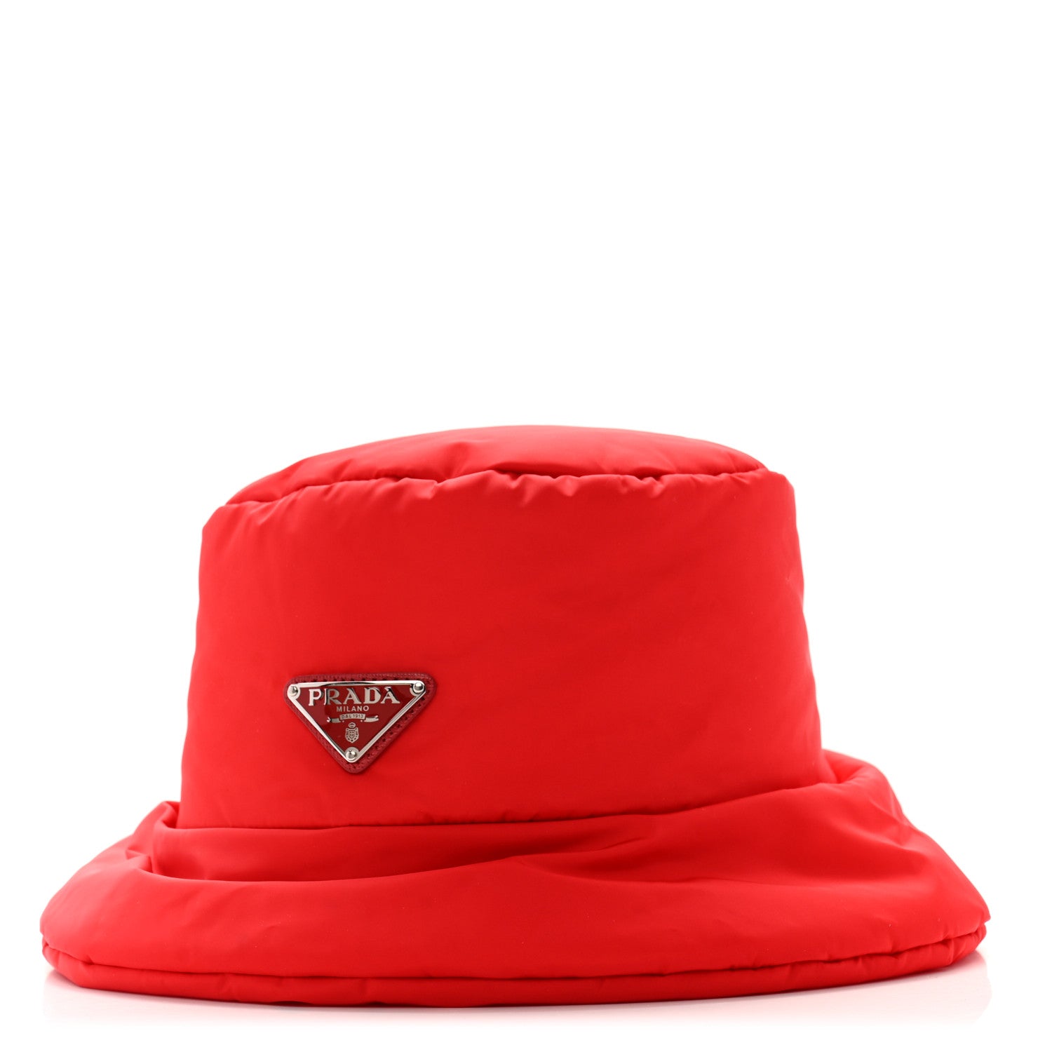 Prada Re-Nylon Metal Triangle Logo Mens Padded Bucket Hat M Rosso