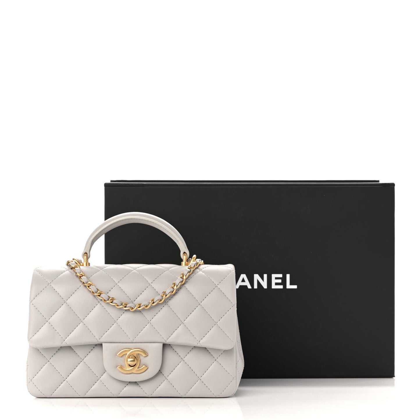 Lambskin Quilted Mini Top Handle Rectangular Flap Grey
