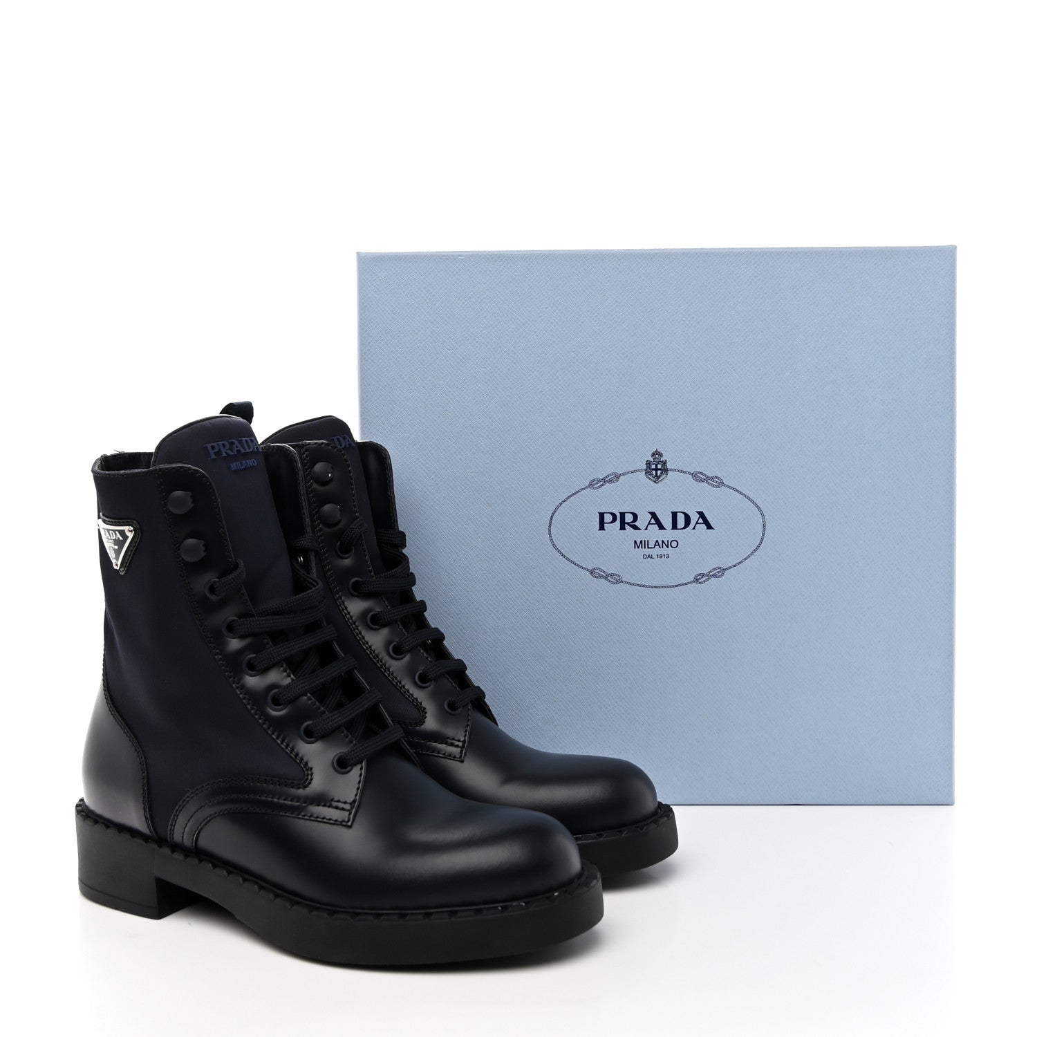 Prada Spazzolato Re-Nylon Metal Triangle Logo Womens 50mm Combat Boots 37 Blue 15 of 15
