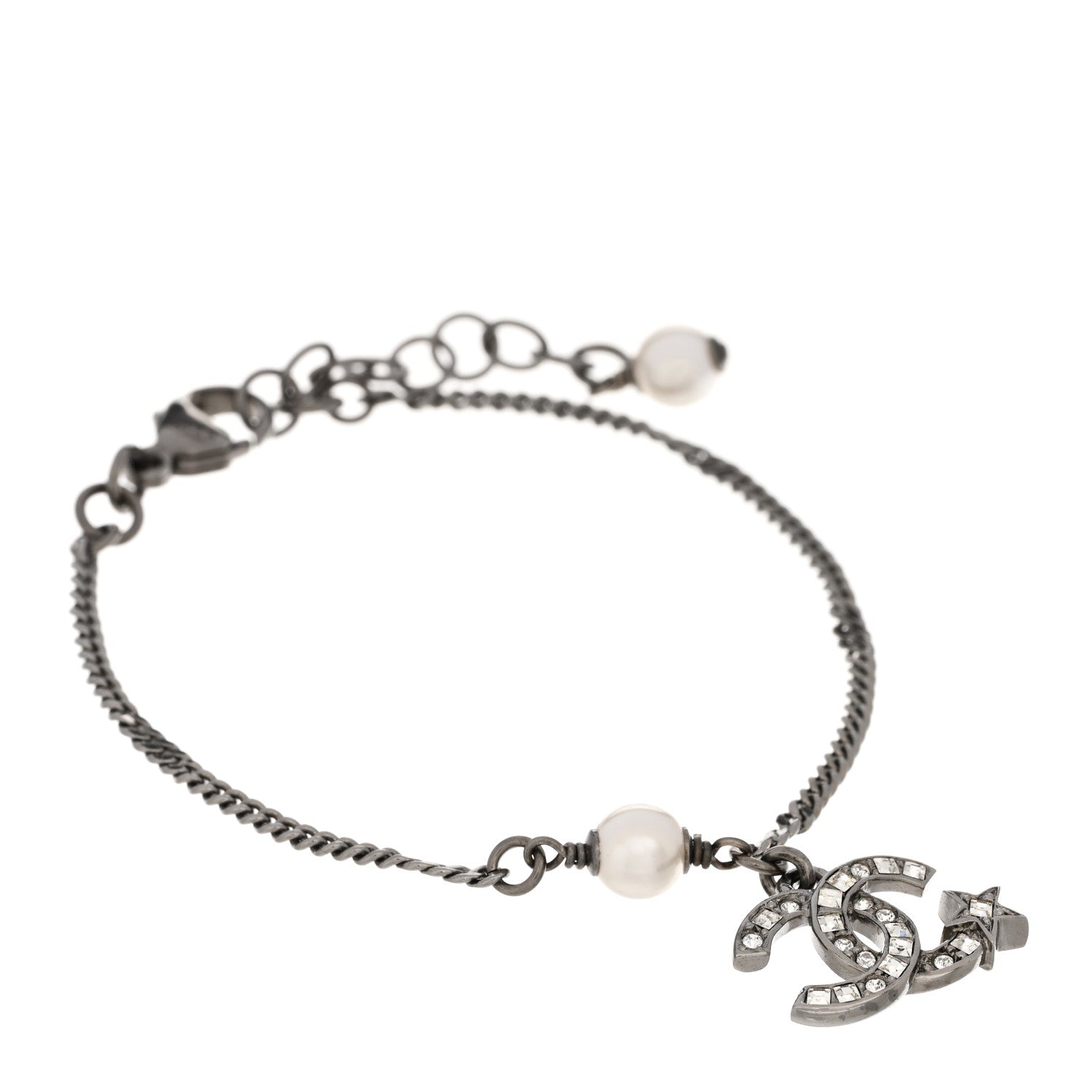 Chanel Metal Pearl Crystal Baguette CC Star Bracelet Silver