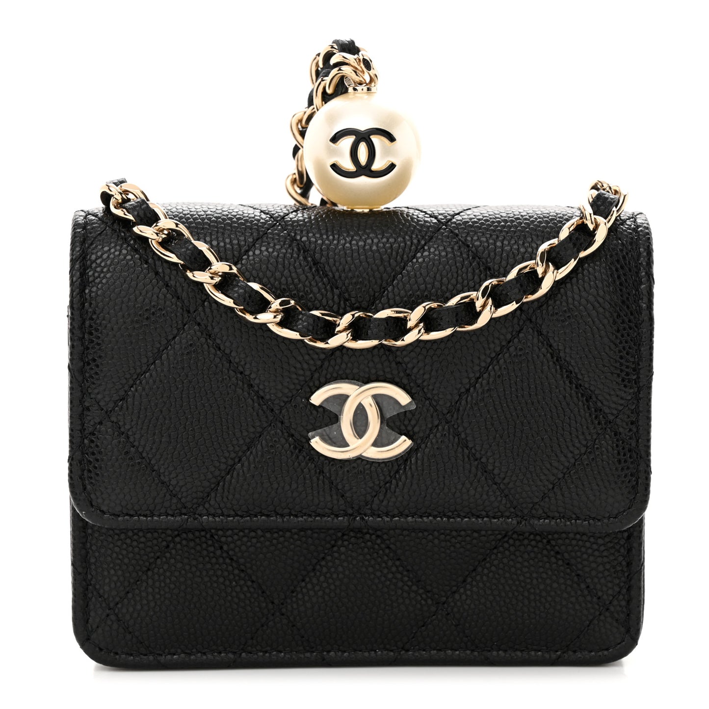 Caviar Quilted Mini Pearl On Top Coin Purse With Chain Black