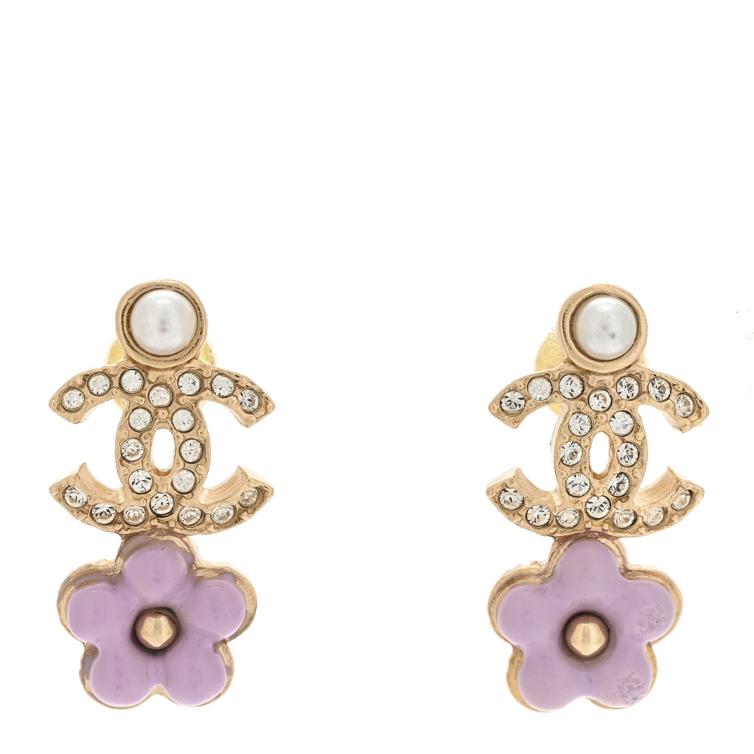Chanel Crystal Pearl CC Flower Earrings Purple Gold 1 of 5