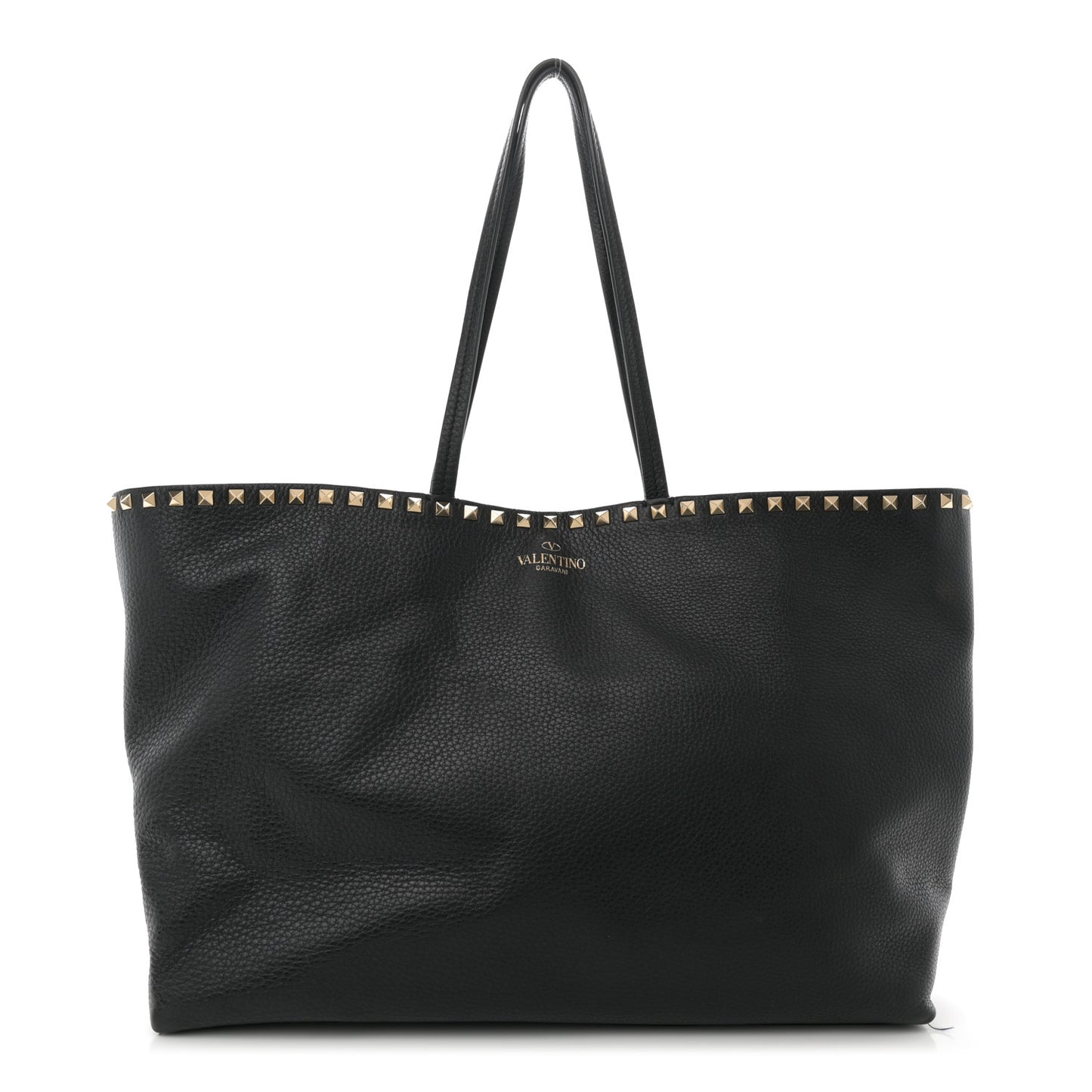 Grained Calfskin Rockstud Shoulder Tote Black