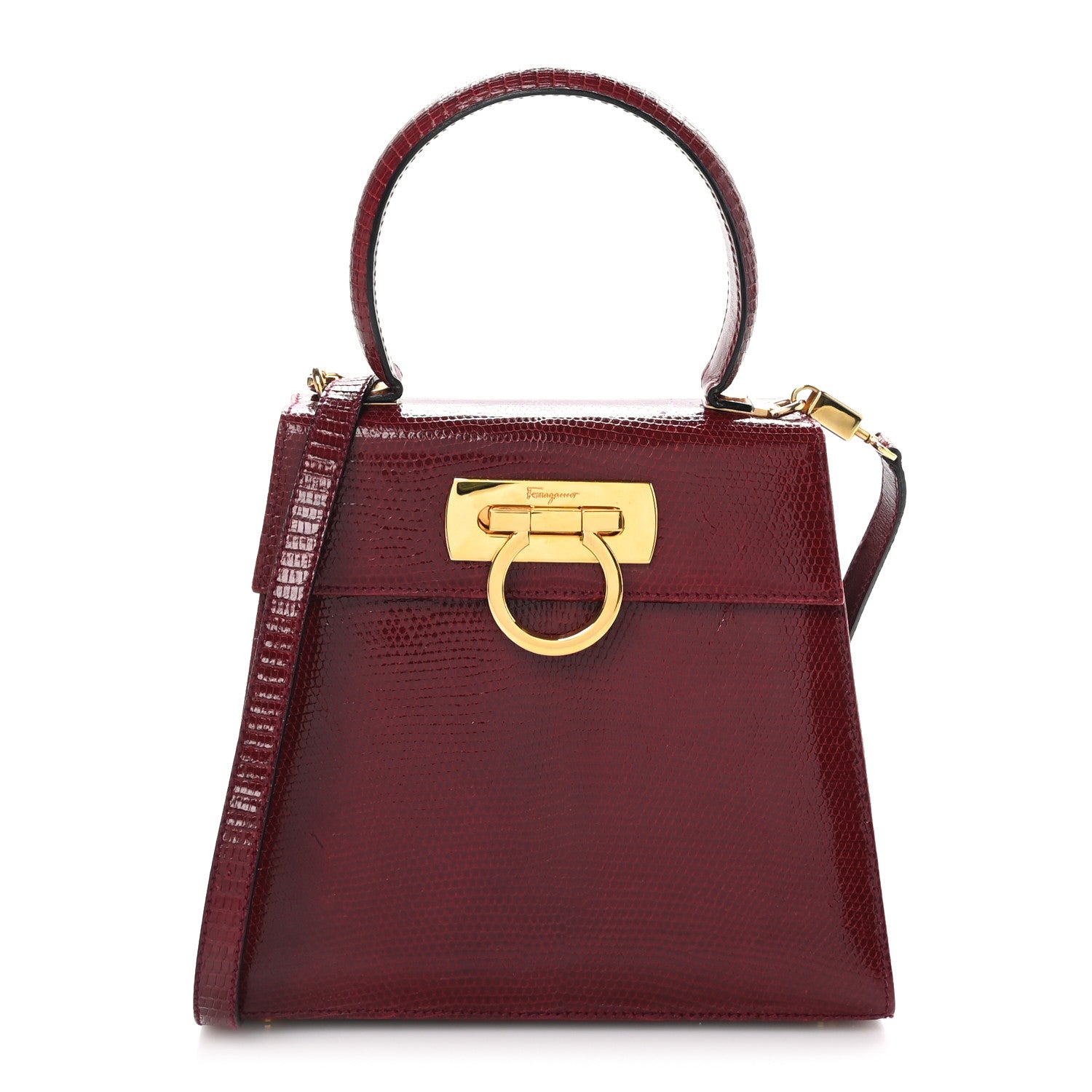とも‼︎ 美品 Salvatore Ferragamo バーガンディ Salvatore Ferragamo Lizard Iconic Small Top Handle Bag Burgundy
