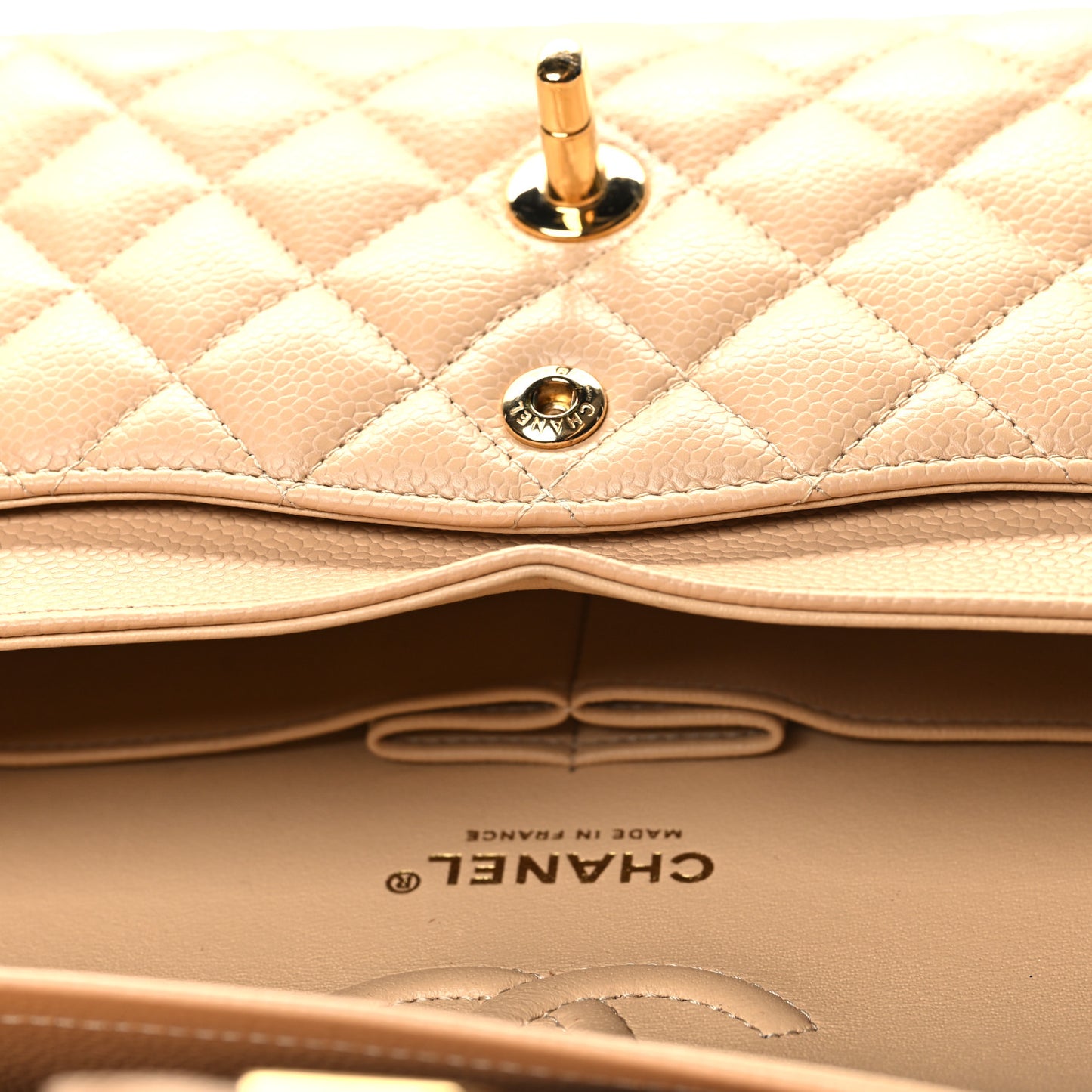 Caviar Quilted Small Double Flap Beige