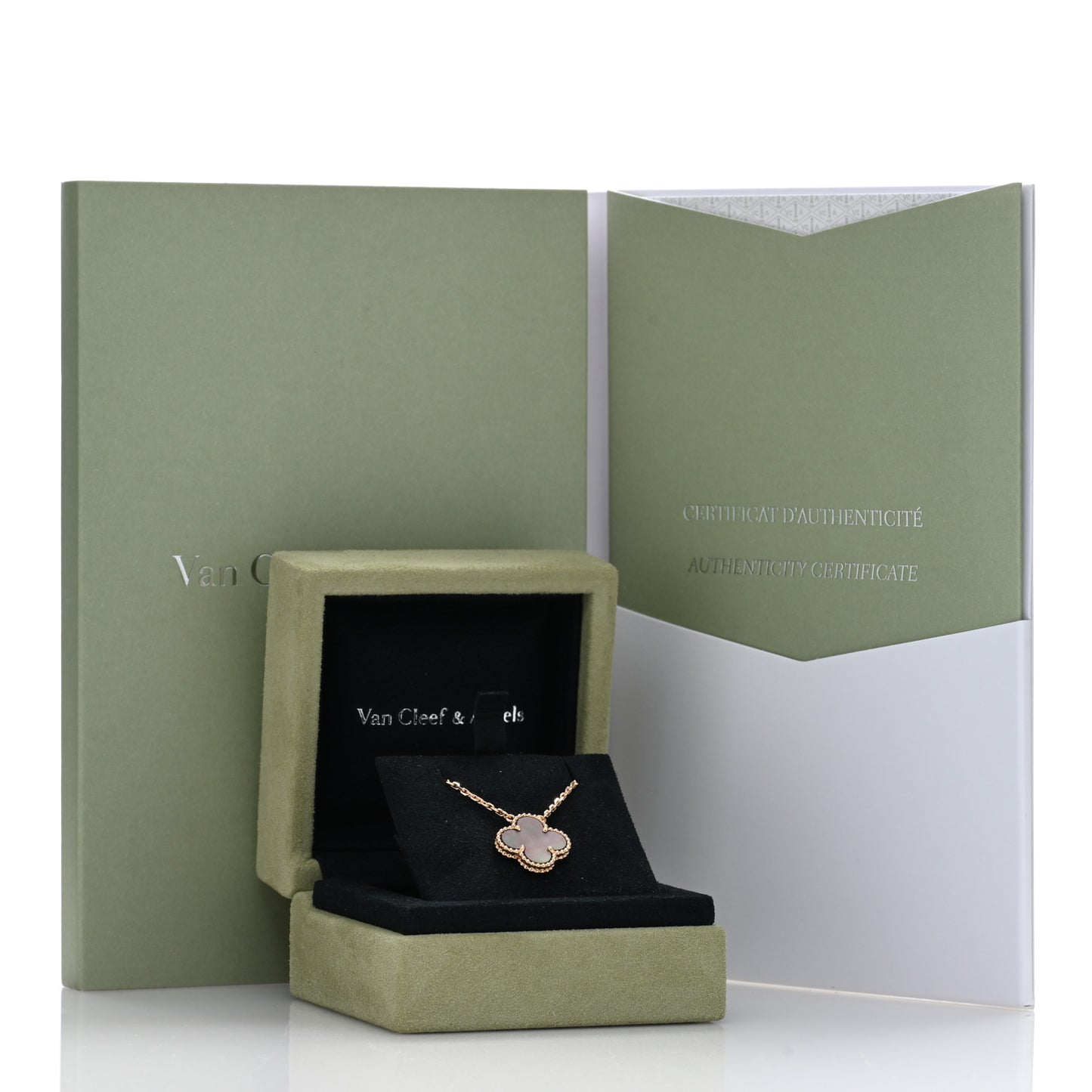 18K Rose Gold Gray Mother of Pearl Vintage Alhambra Pendant Necklace