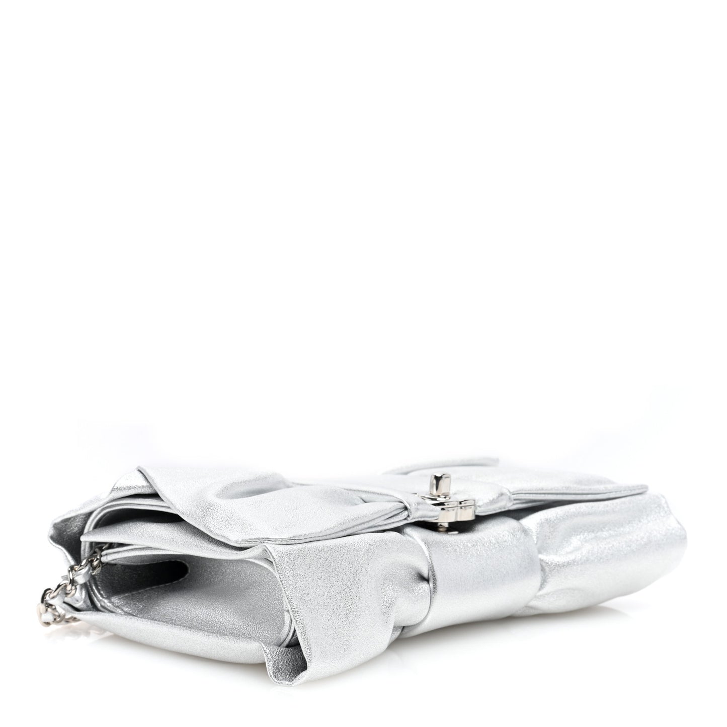 Metallic Lambskin Tie My Bow Flap Clutch With Chain Silver