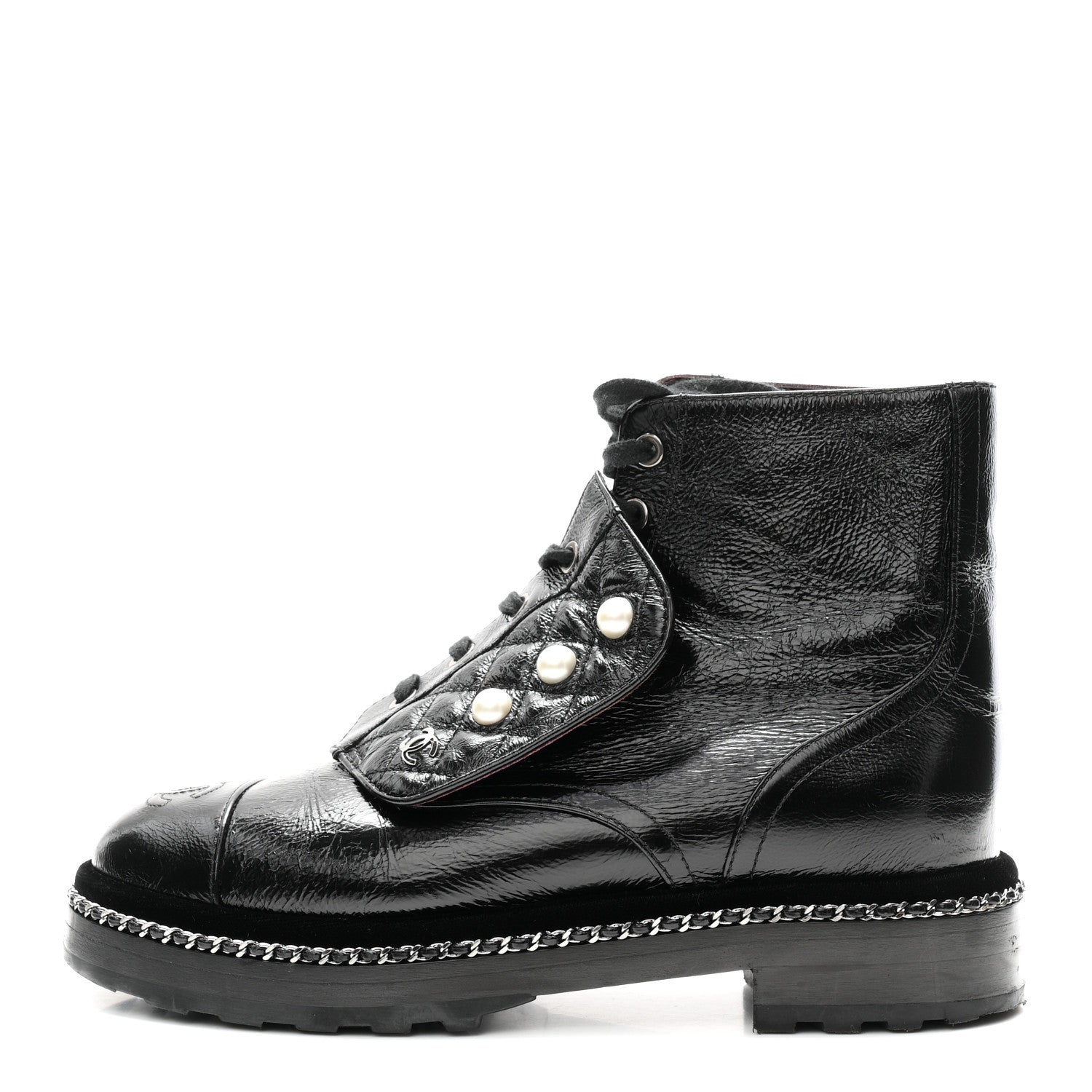 Chanel Crackled Calfskin Velvet Pearl Combat Short Boots 38 Black