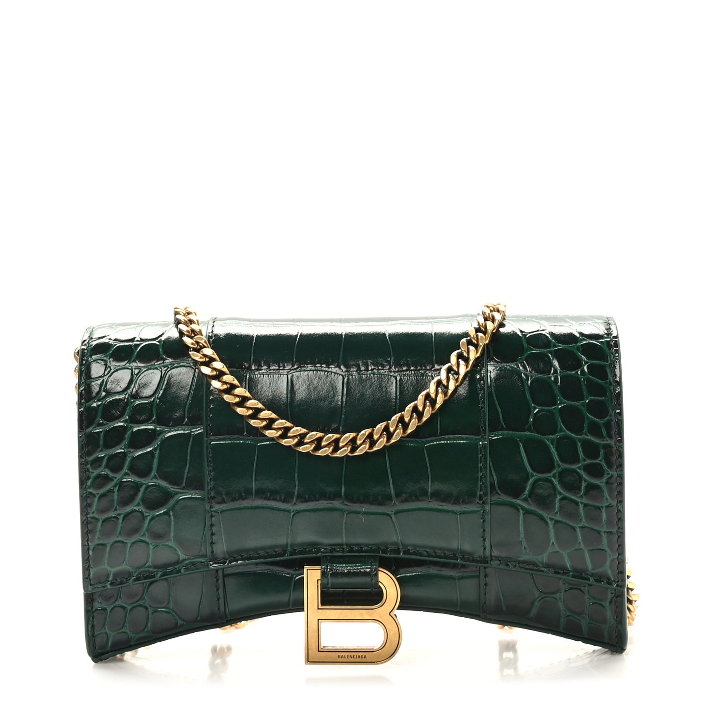 Shiny Calfskin Crocodile Embossed Hourglass Chain Bag Forest Green