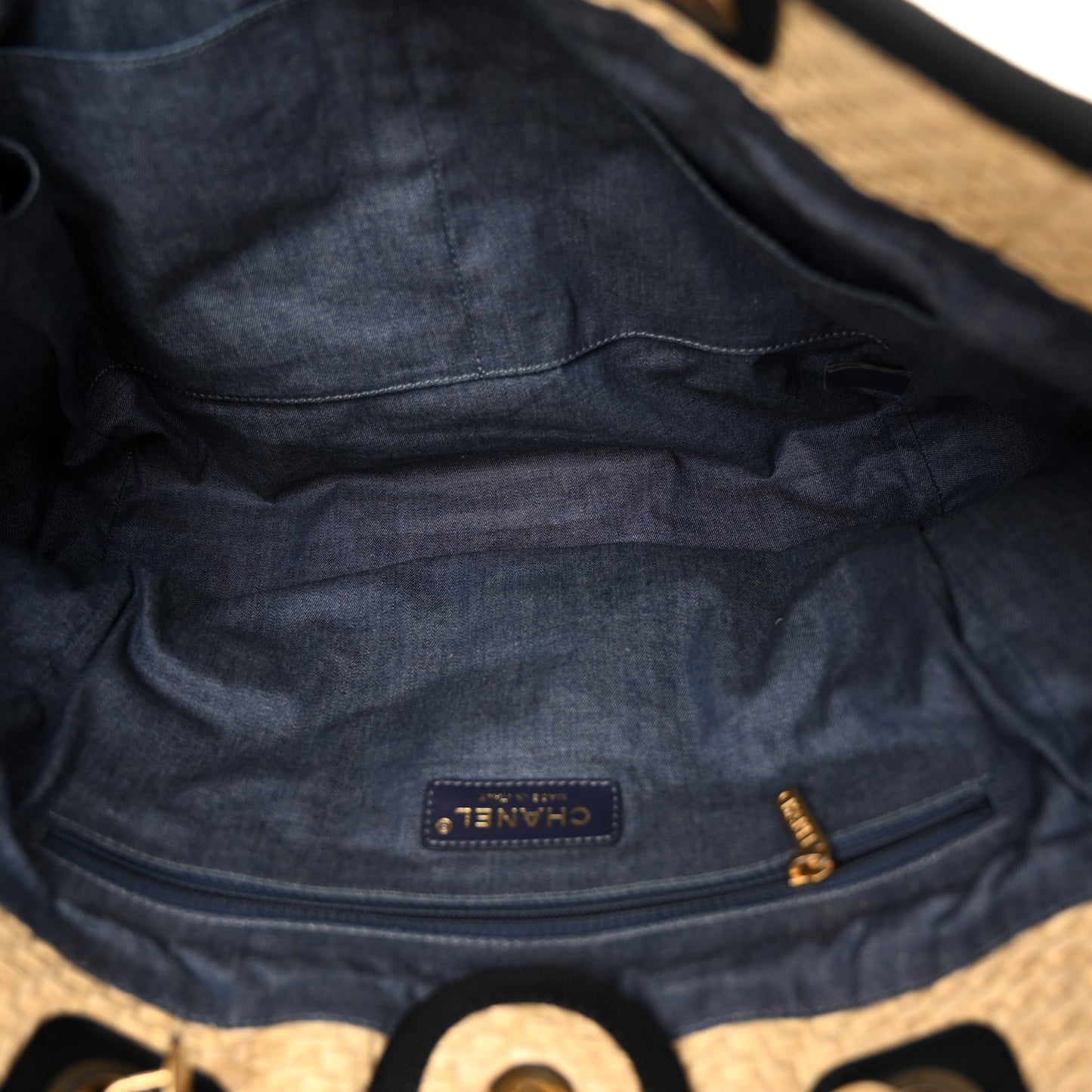 Straw Raffia Calfskin Chain Small Deauville Tote Beige Black