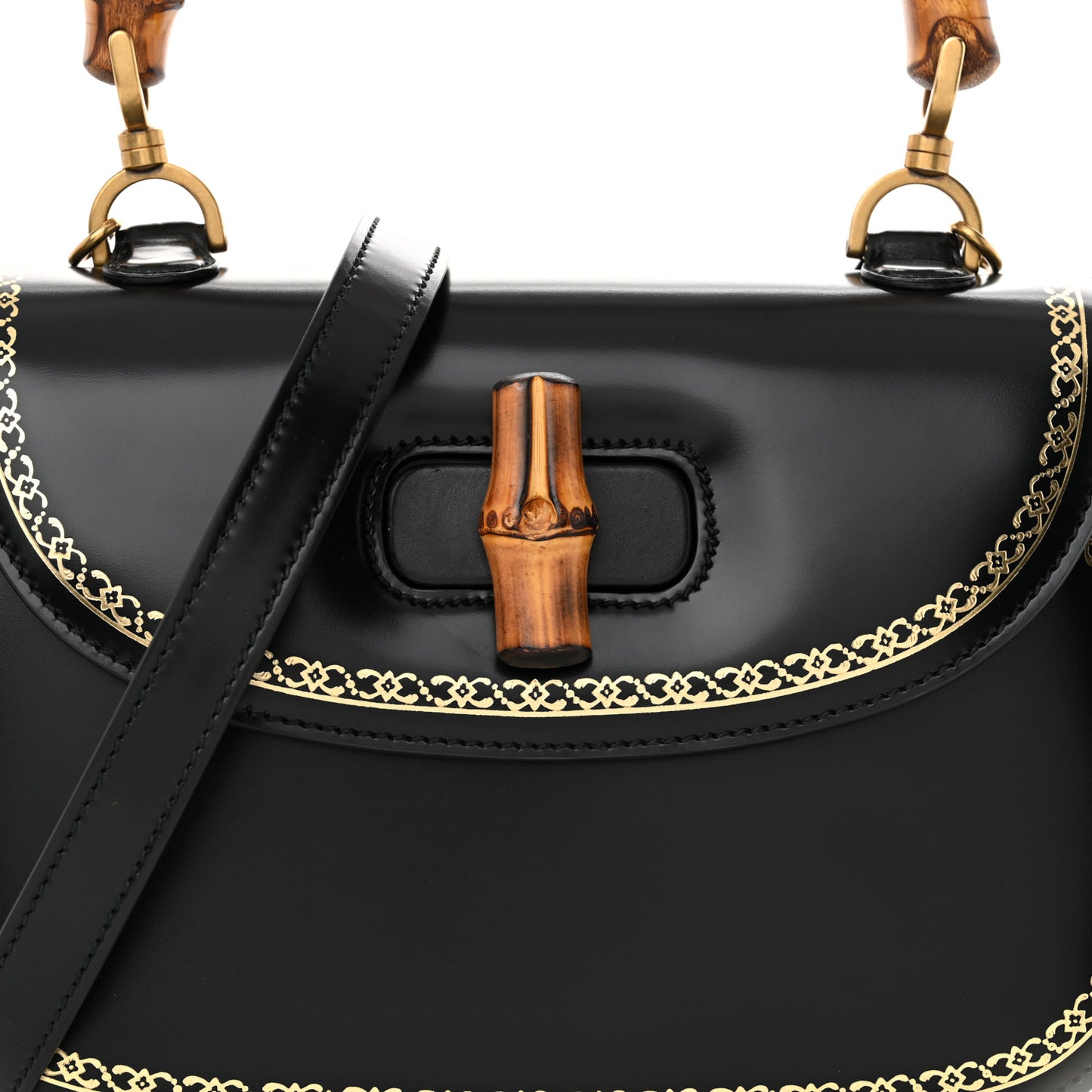 Calfskin Frame Print Bamboo Top Handle Bag Black