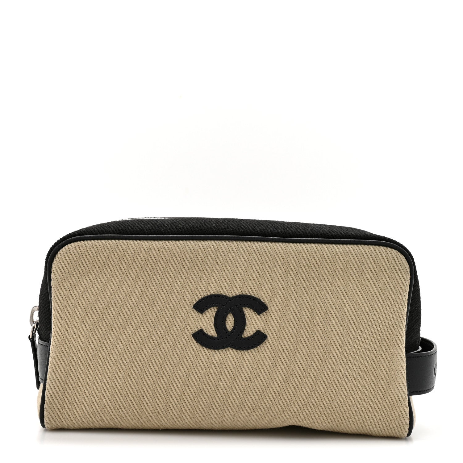 Chanel Canvas Calfskin Large Zippered Pouch Beige Black 1915877