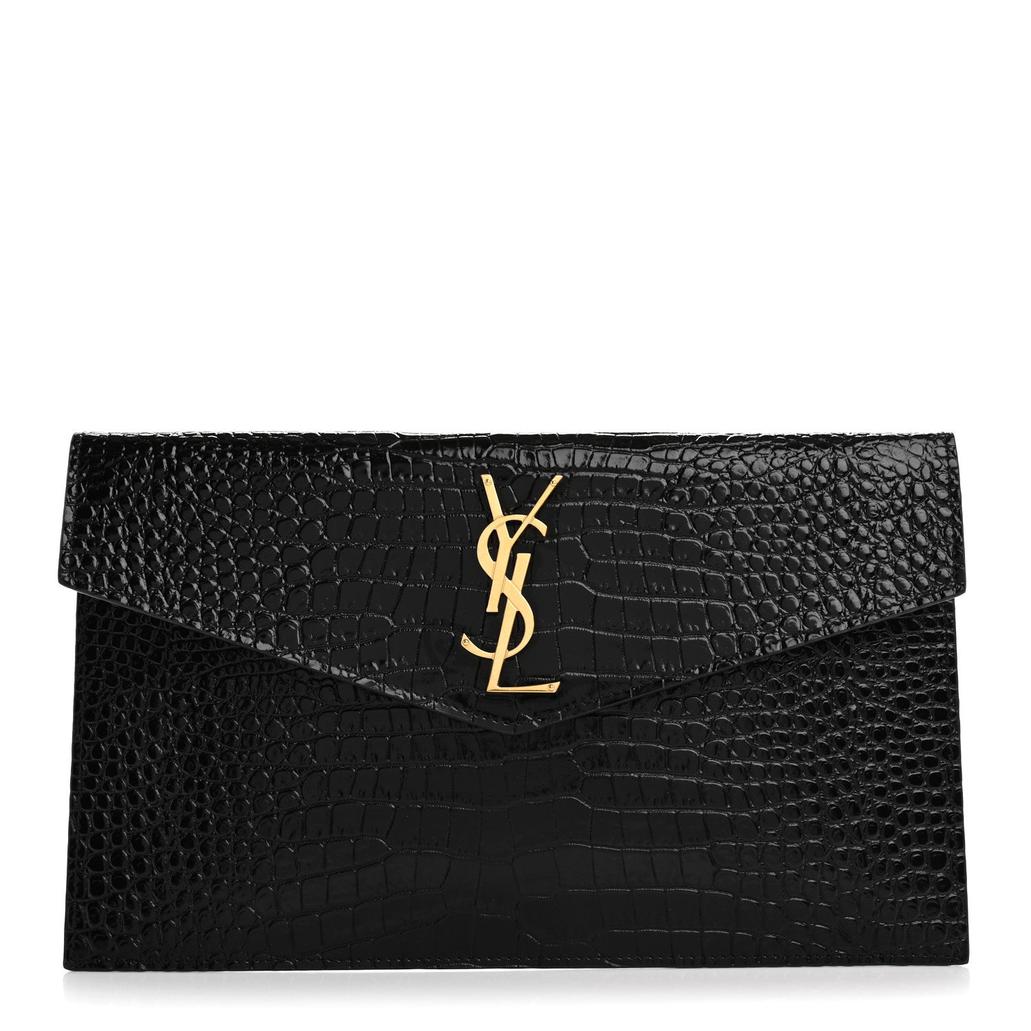 Saint Laurent Calfskin Crocodile Embossed Uptown Monogram Pouch Black 1 of 7