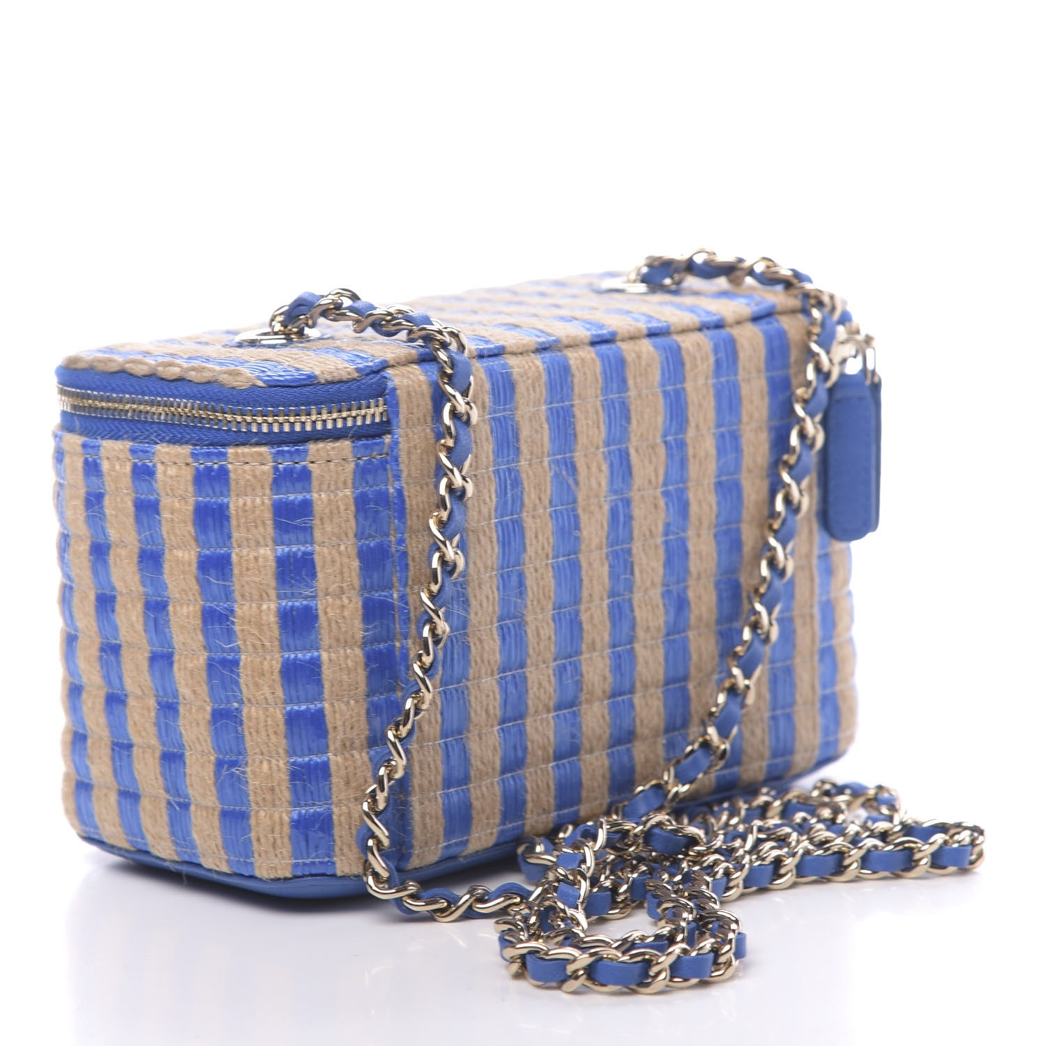 Chanel Raffia Jute Striped Small Vanity Case With Chain Blue Beige 3 of 11