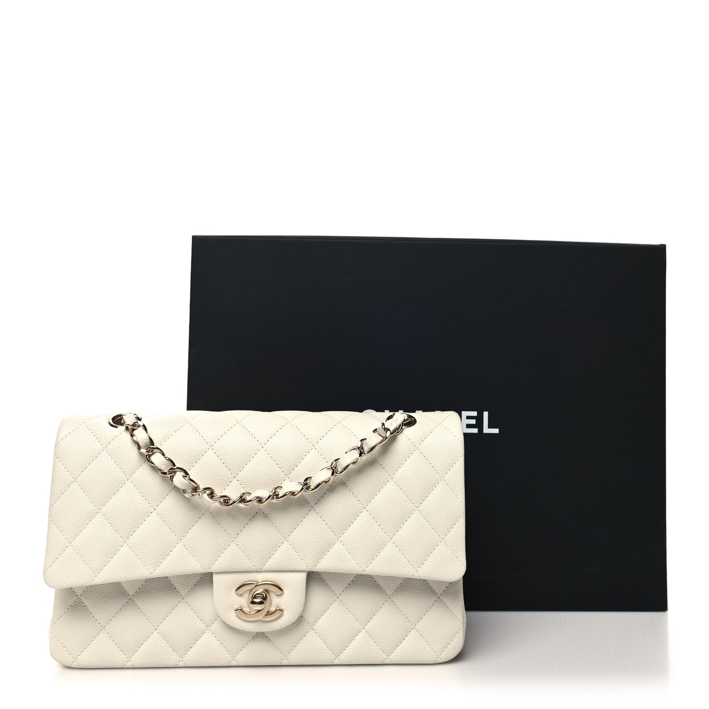 Caviar Quilted Medium Double Flap White